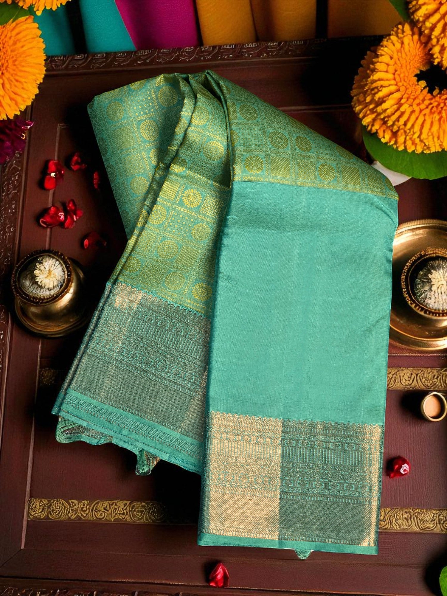 Aqua Aura – Kanchipuram Silk Saree in Soothing Blue-Green