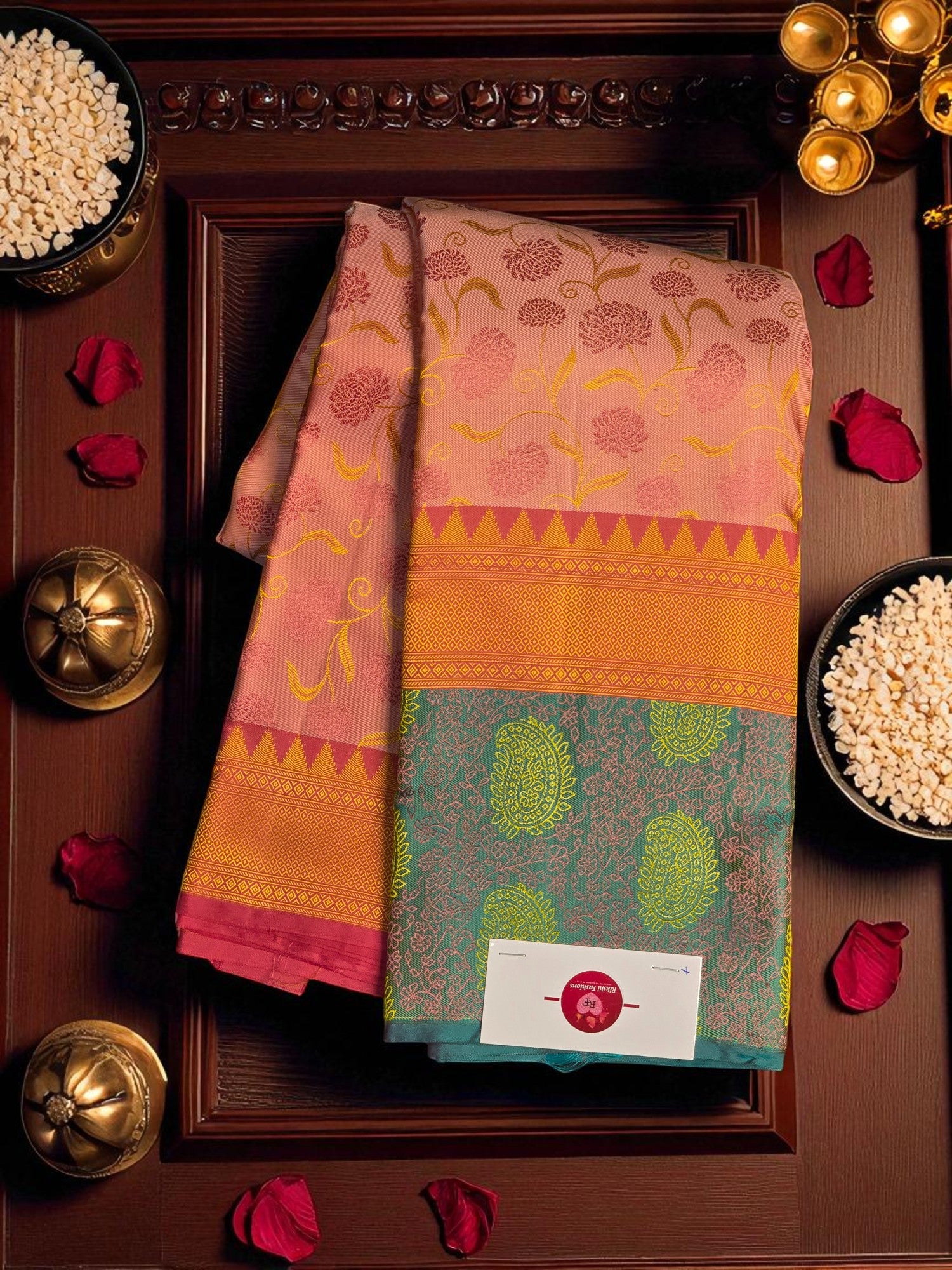 Blossoming Pink Floral Kanchipuram Silk Saree with Green Border