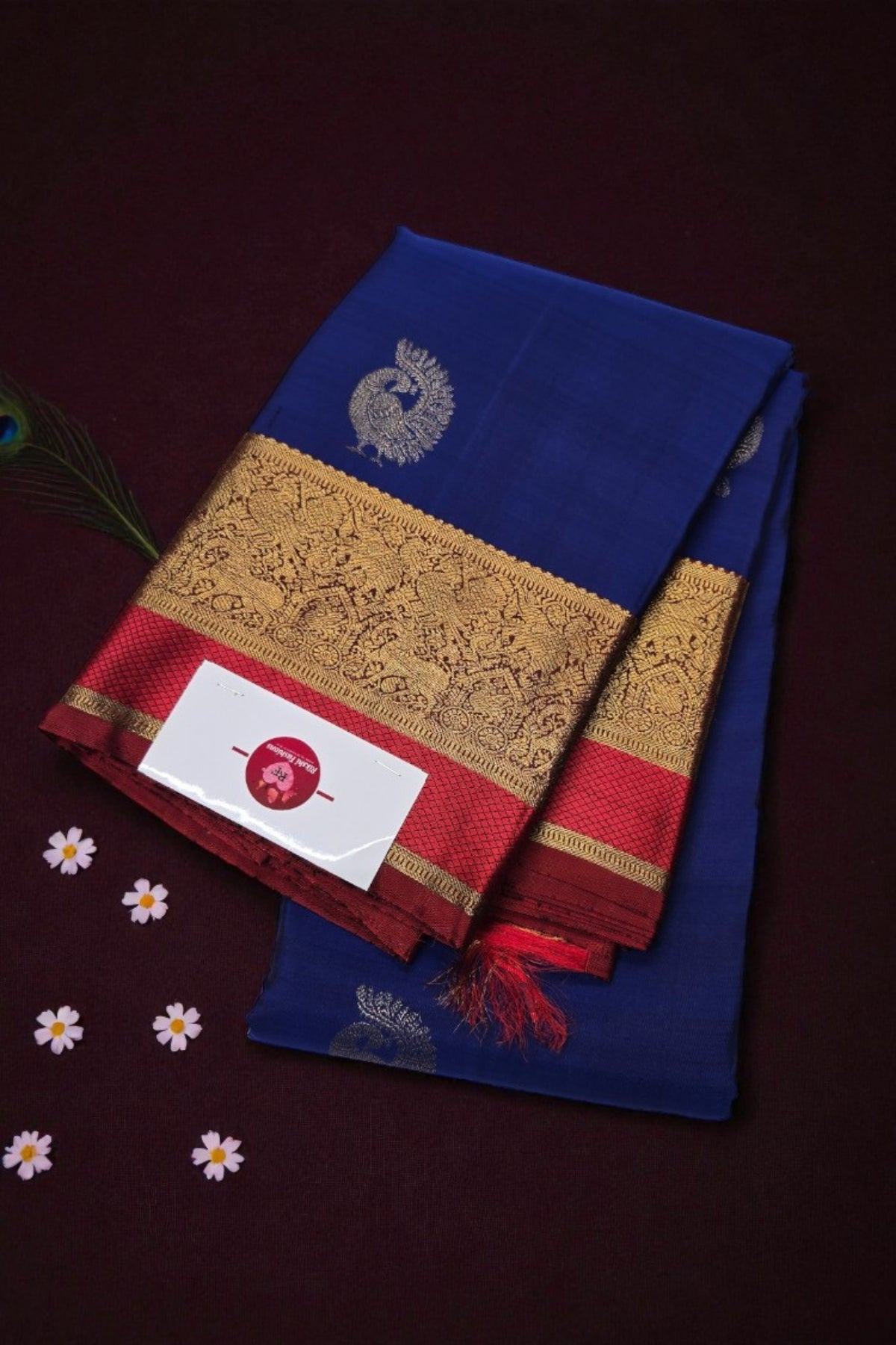 Blue and Red Kanchipuram Silk Saree with Gold Border