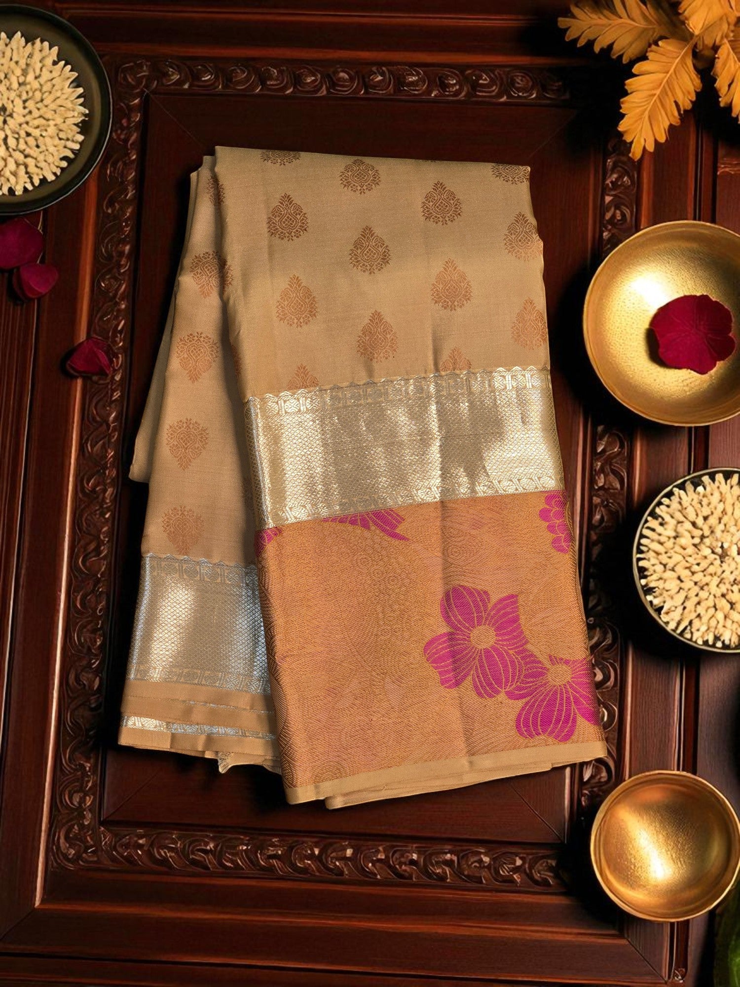 Orange with Pink Floral Kanchipuram Silk Saree