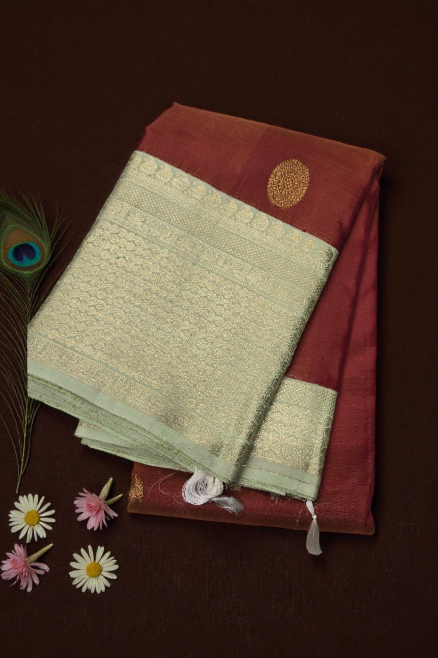 Maroon Kanchipuram Silk Saree with Grey Border