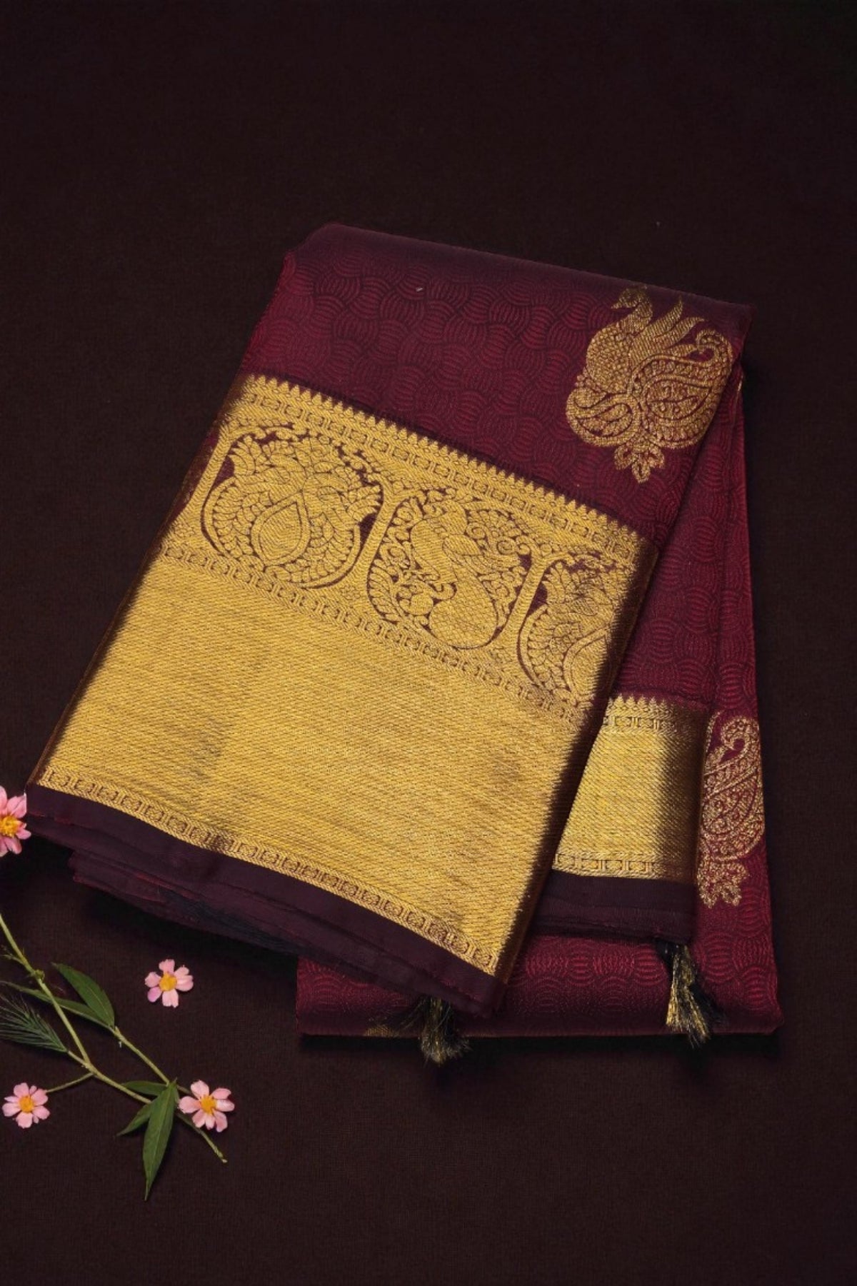 Maroon Kanchipuram Silk Saree with Gold Border
