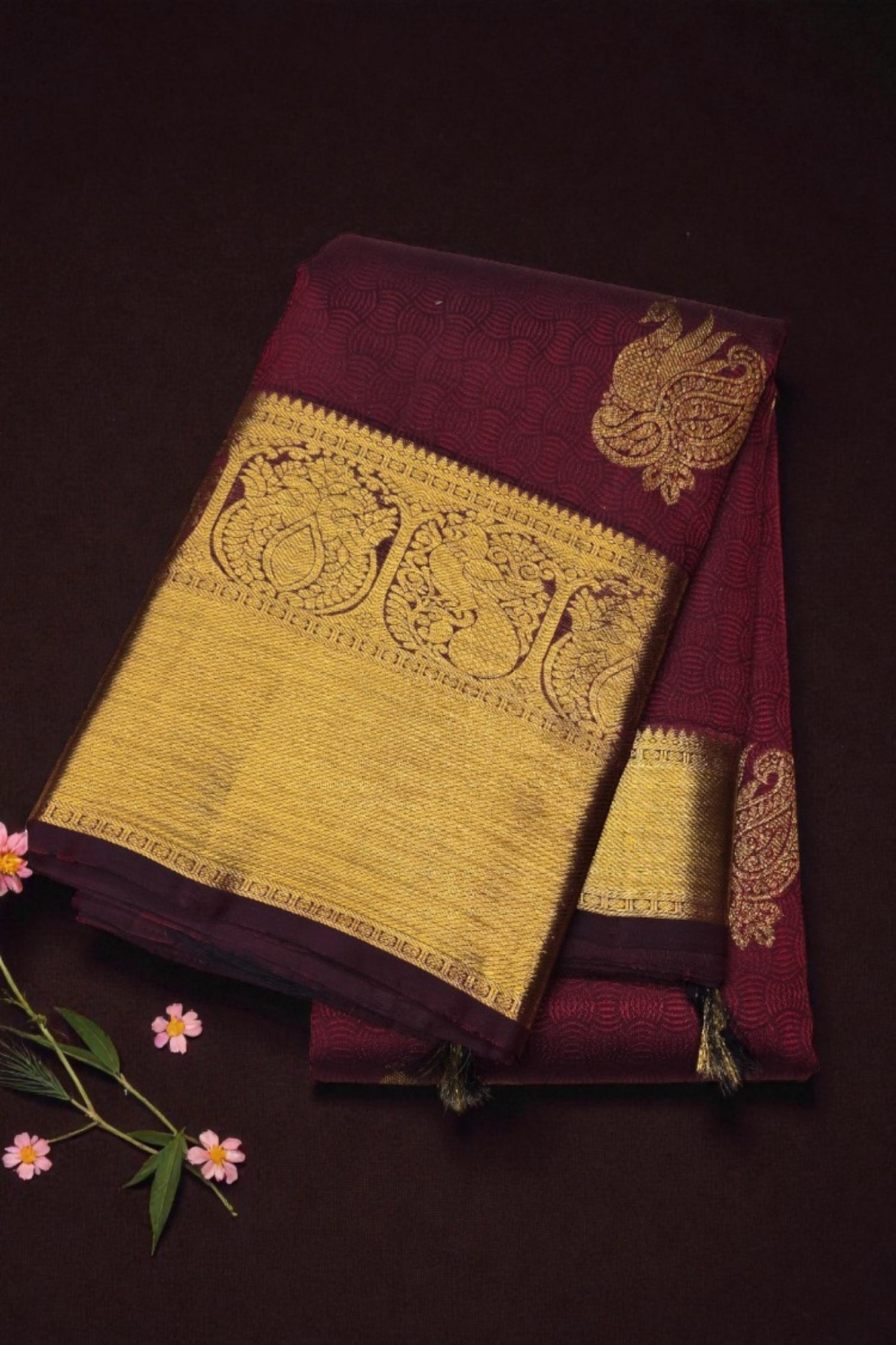 Maroon Kanchipuram Silk Saree with Gold Border