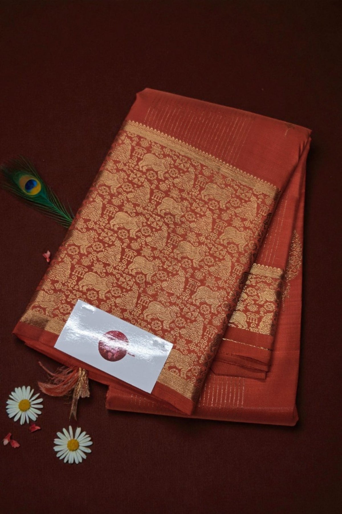 Falu Red Kanchipuram Silk Saree with Gold Border