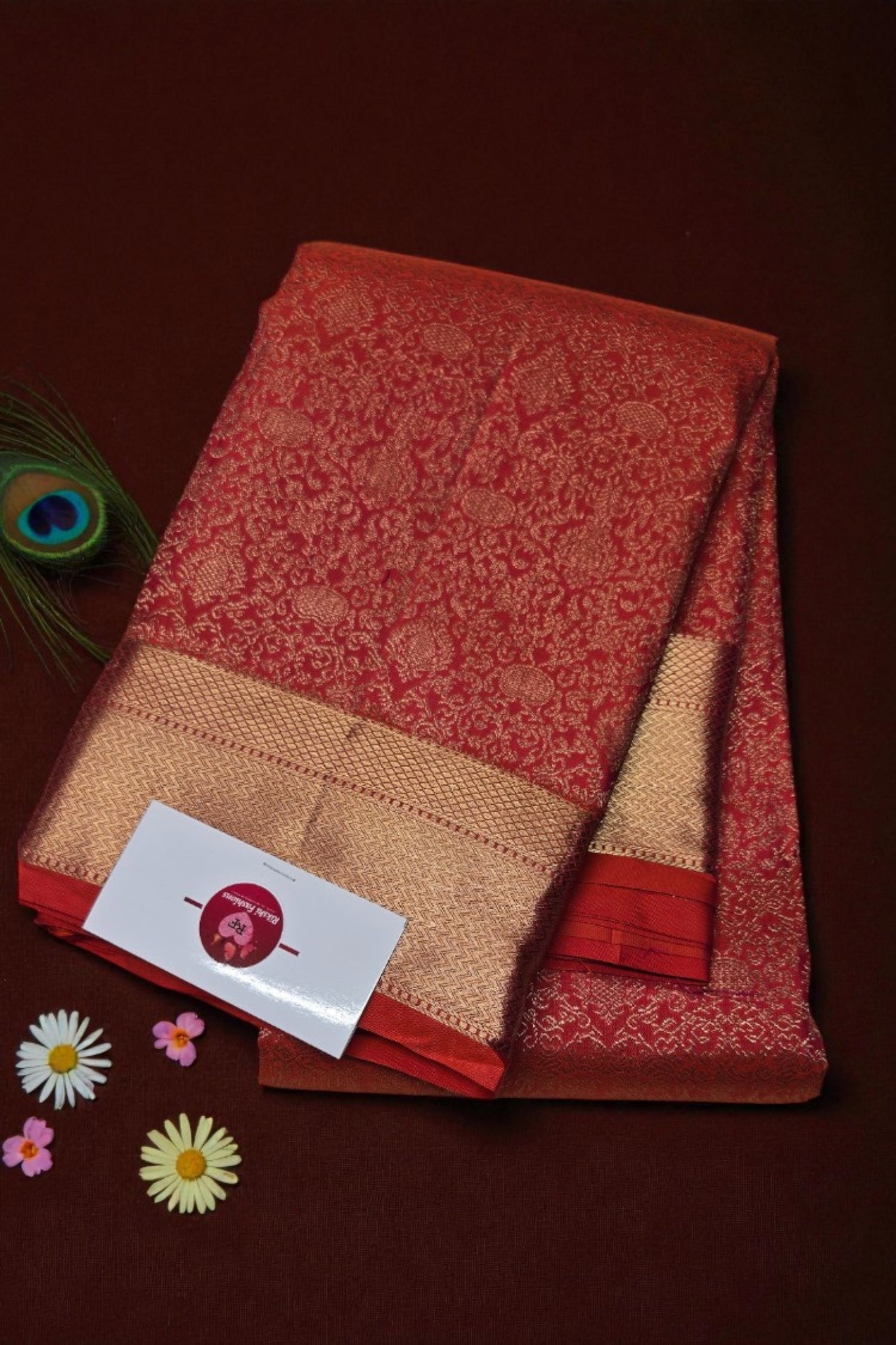 Red and Gold Patterned Kanchipuram Silk Saree 2gm Gold Zari