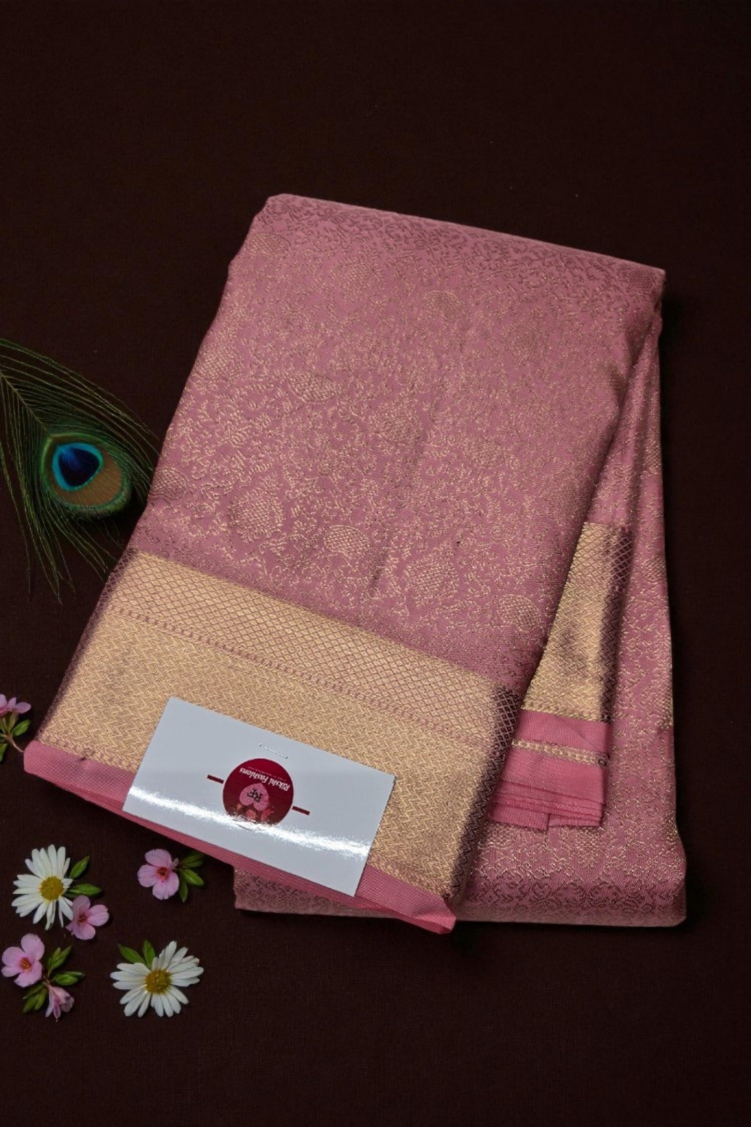 Rose Gold Pink Kanchipuram Silk Saree with 2gm Gold Zari