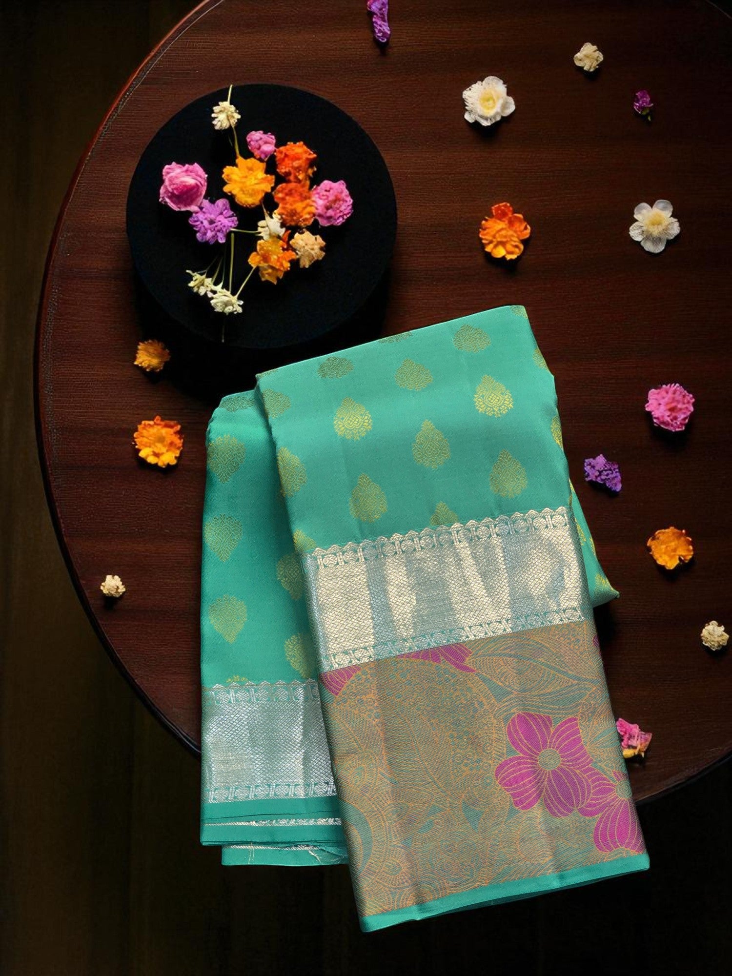 Graceful Green Kanchipuram Silk Saree with Floral Border