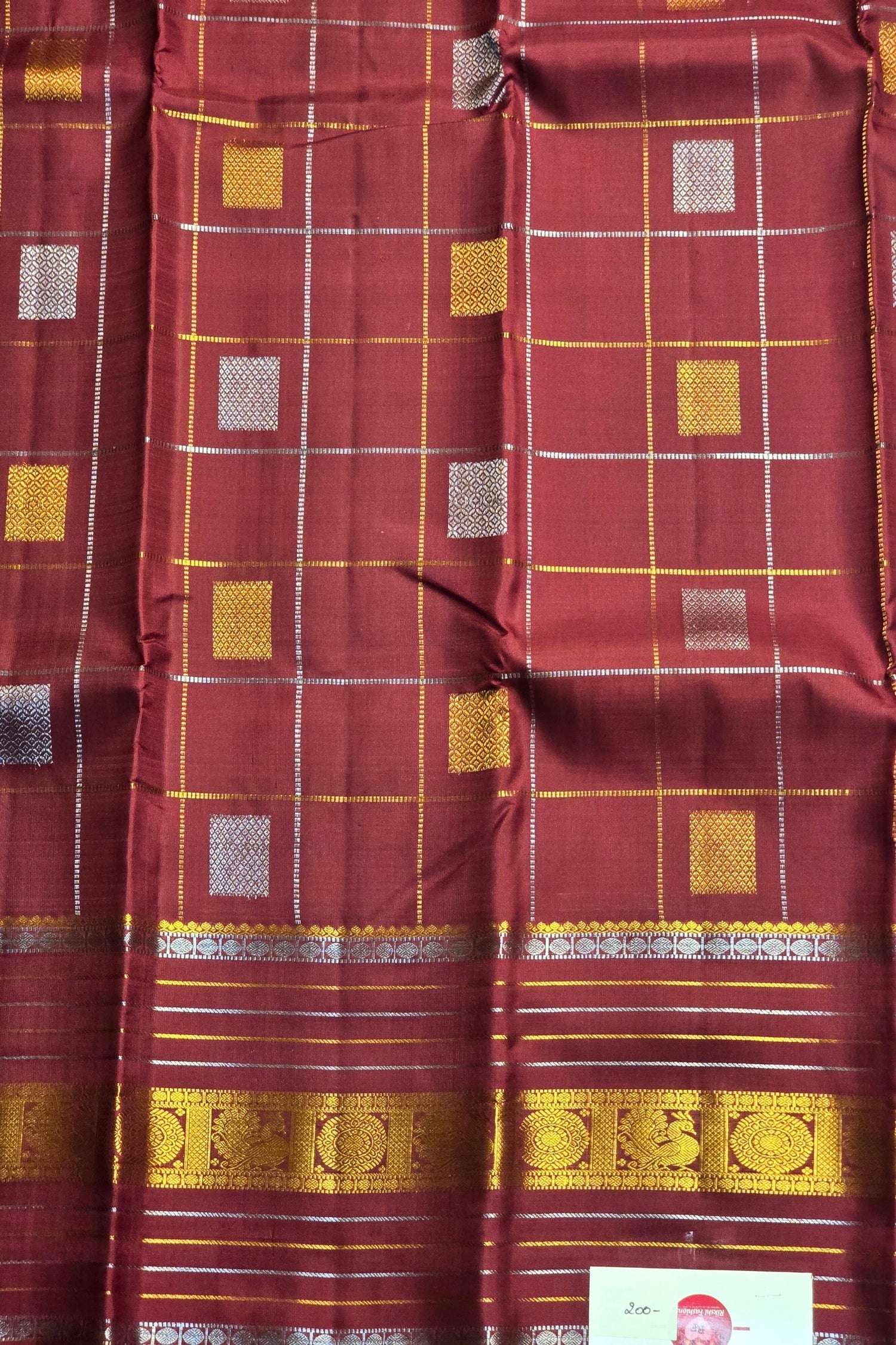Maroon Checked Kanchipuram Silk Saree with Gold Border