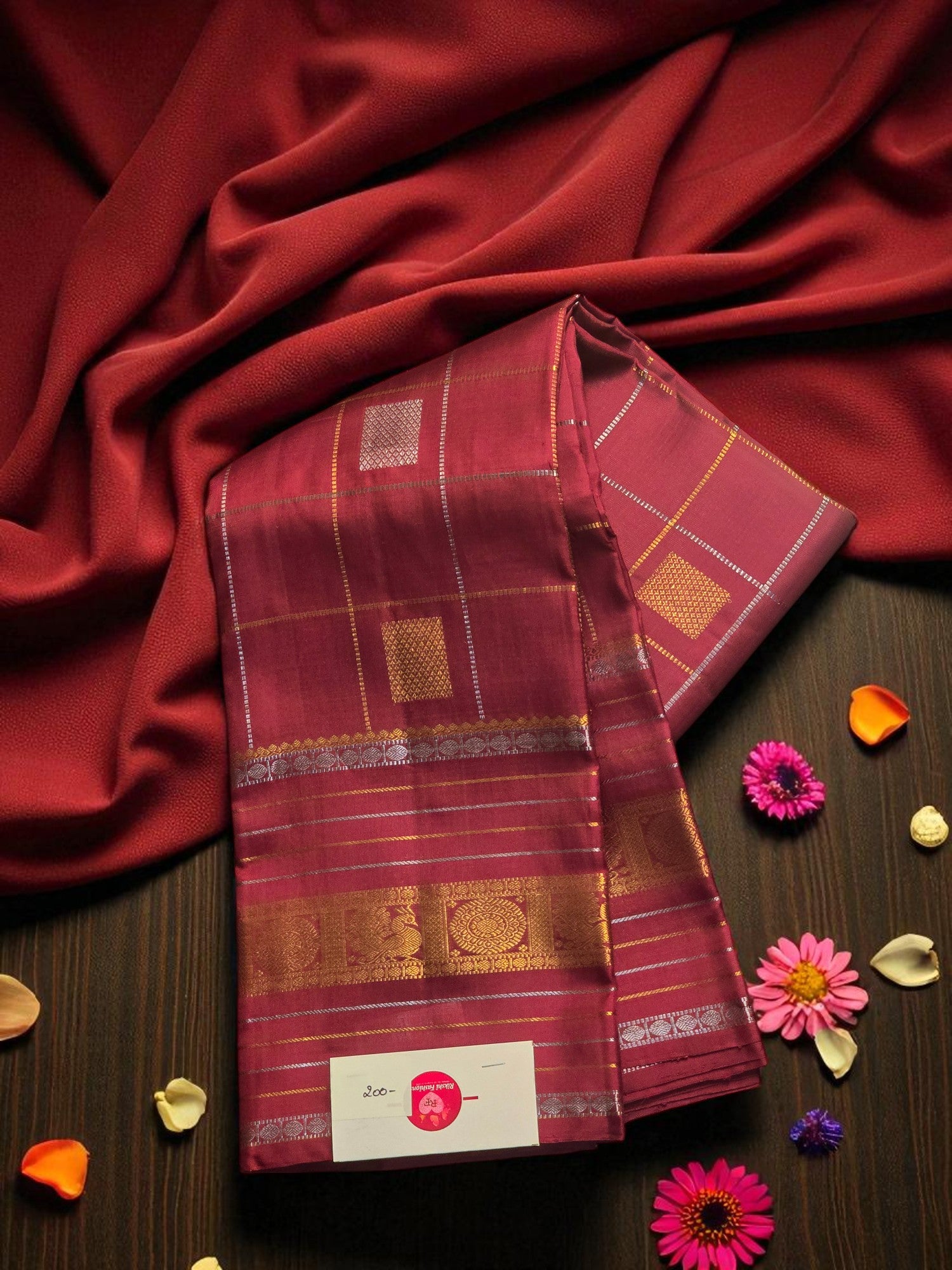 Maroon Checked Kanchipuram Silk Saree with Gold Border