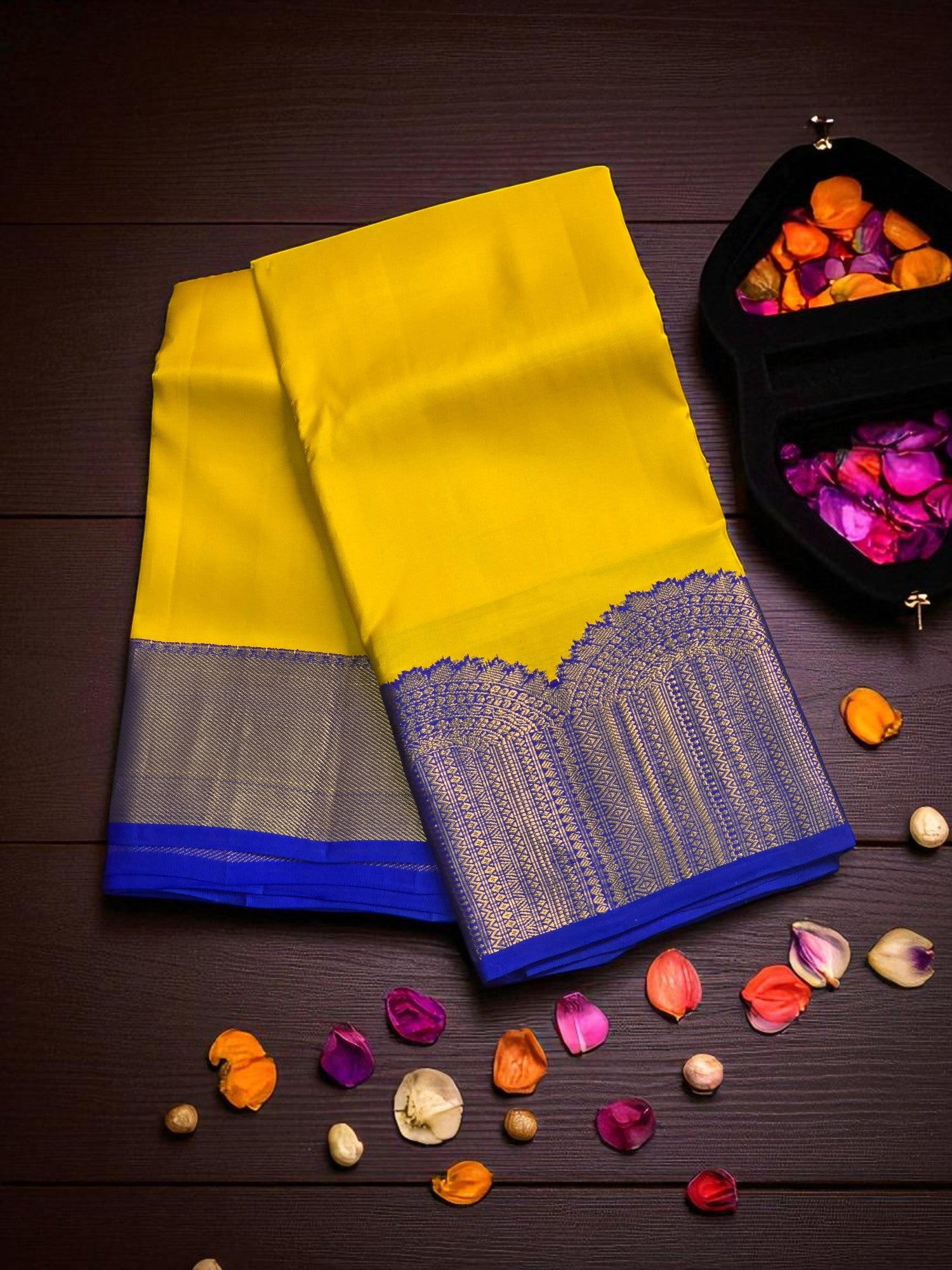 Yellow Kanchipuram Silk Saree with Royal Blue Border