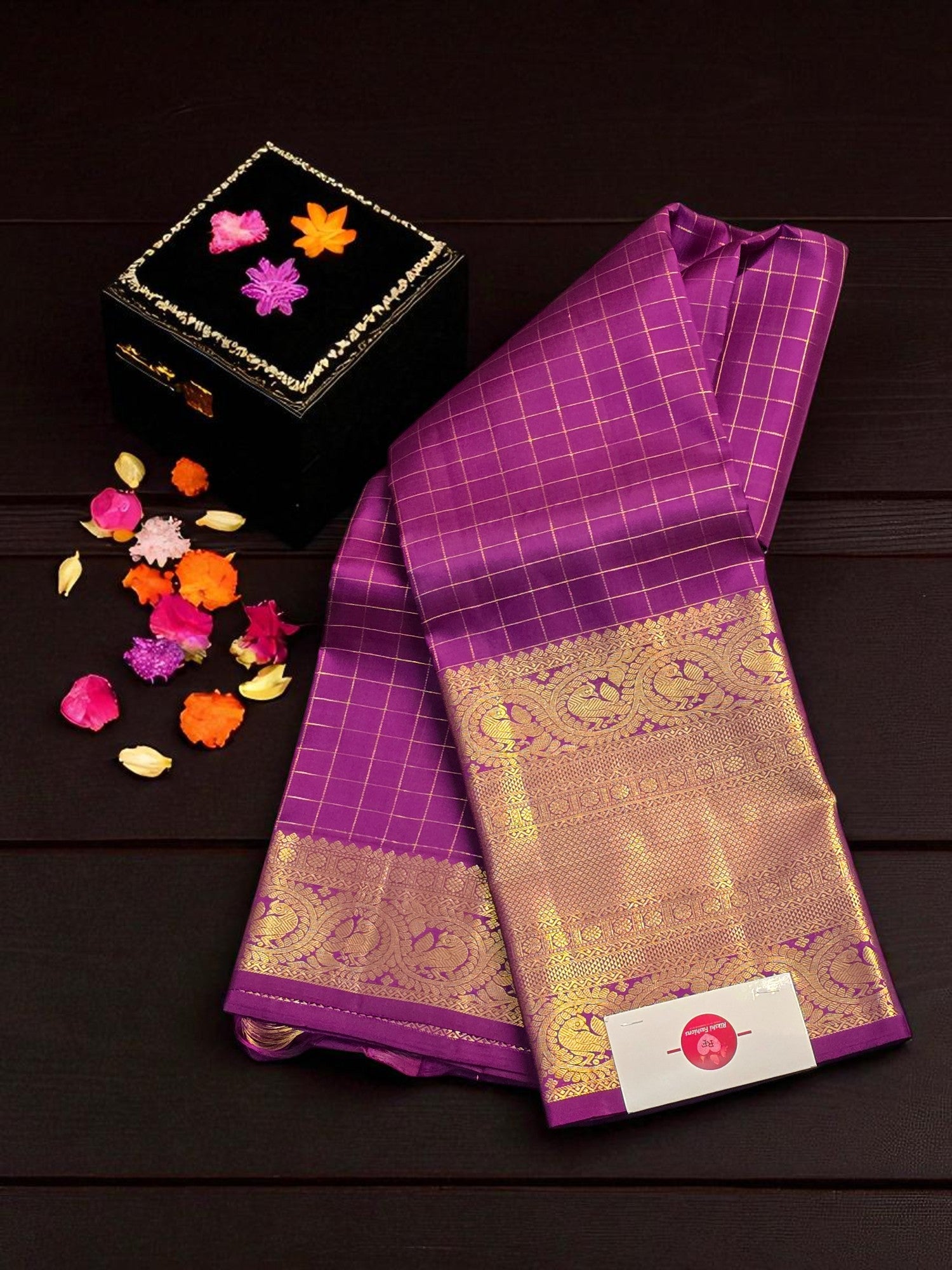 Dark Purple Checked Kanchipuram Silk Saree