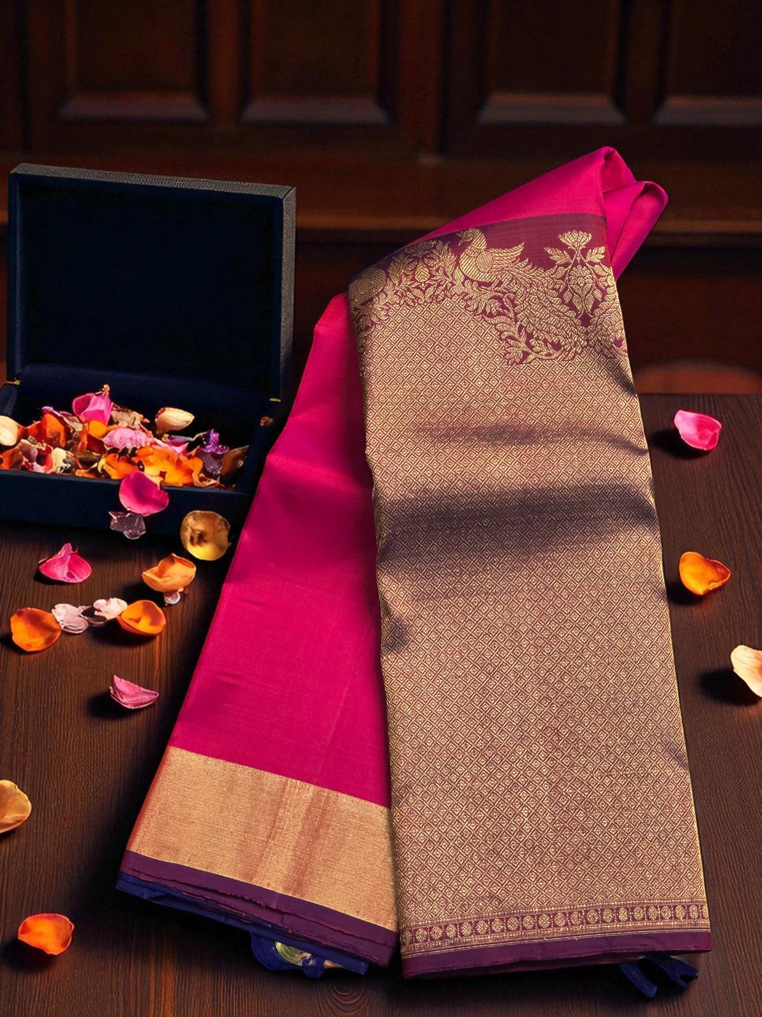 Pink Kanchipuram Silk Saree with Dark Blue Border