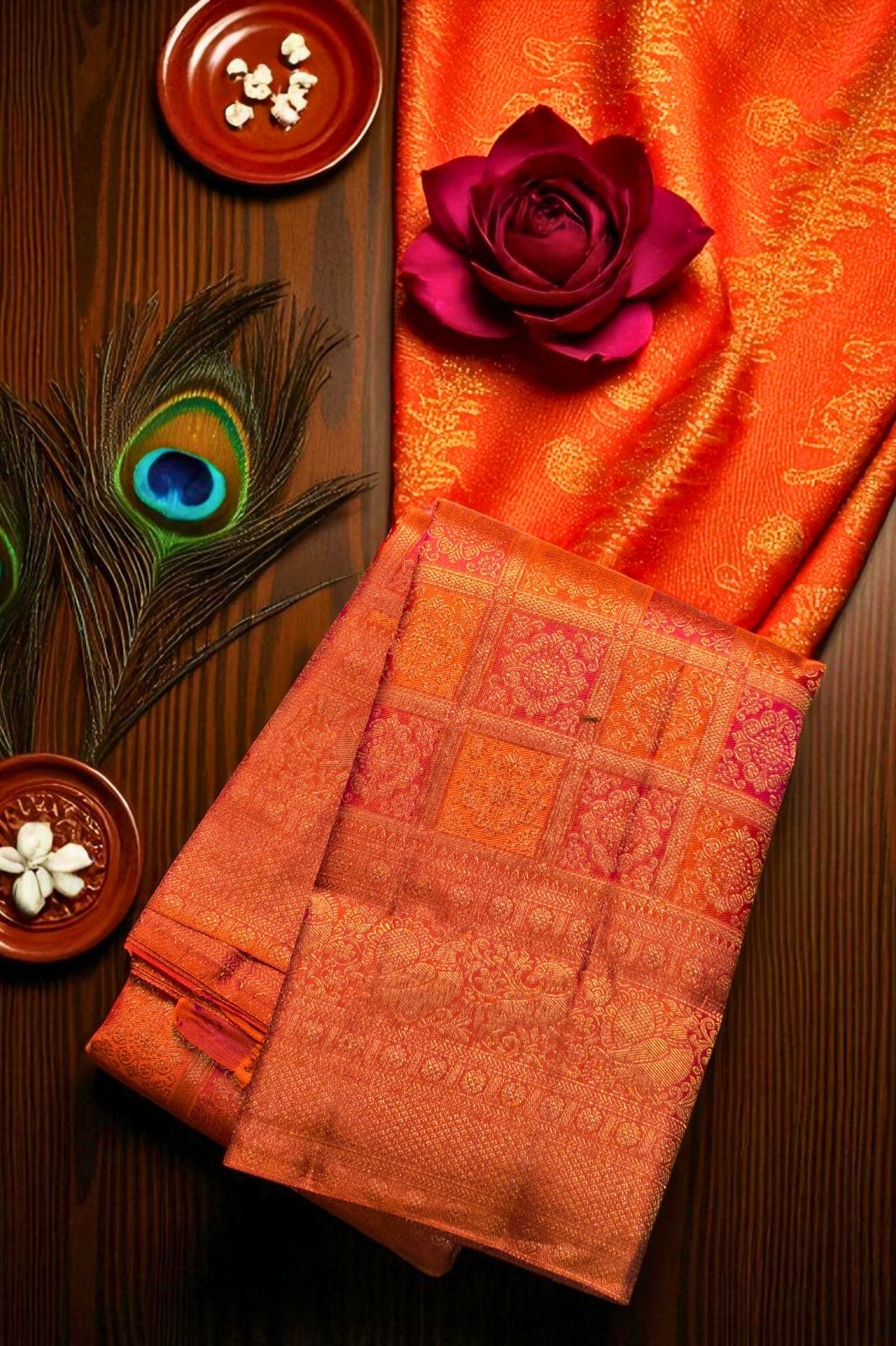 Orange fabric with intricate patterns on a wooden surface with a rose and peacock feather.