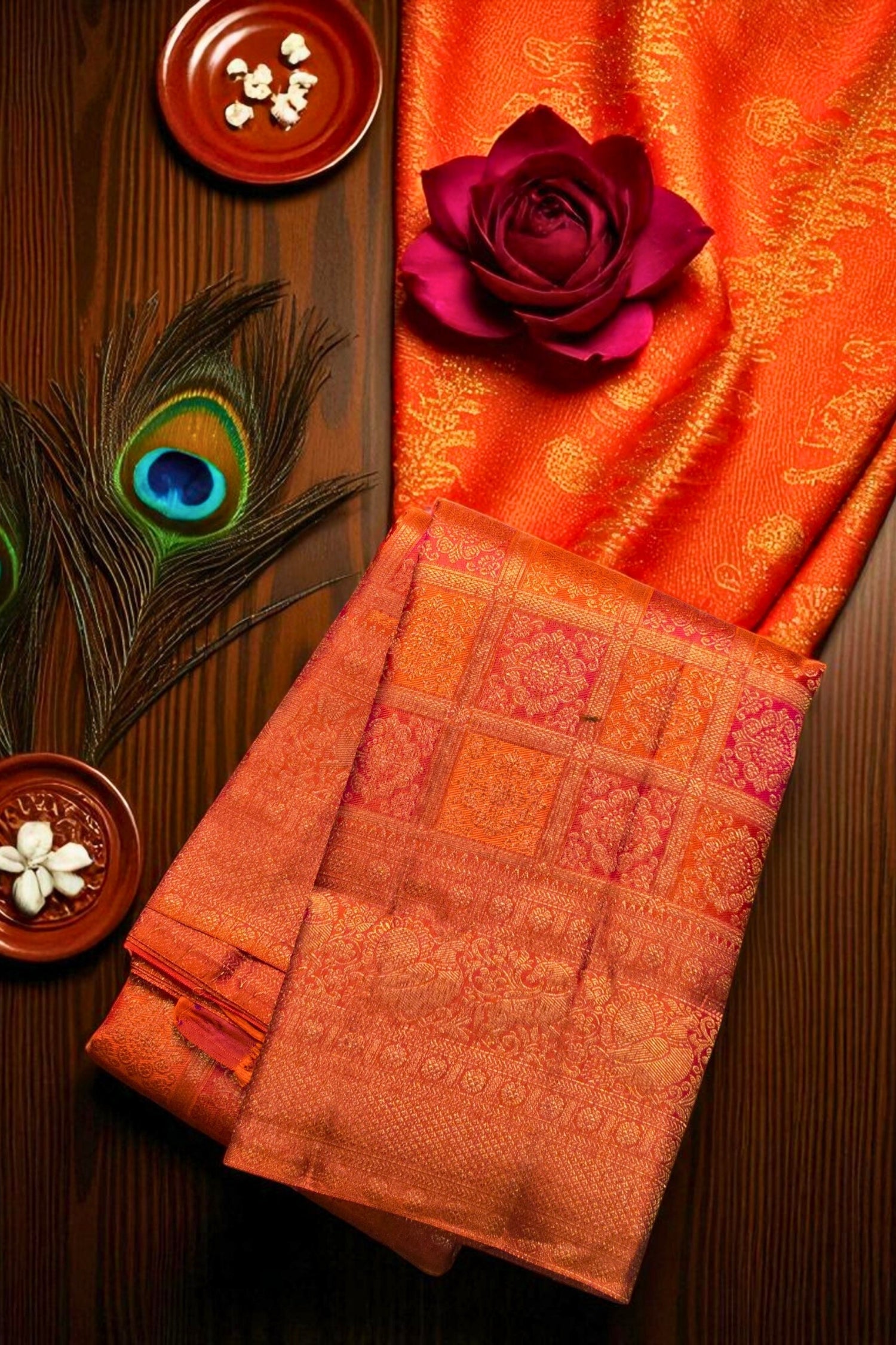 Orange fabric with intricate patterns on a wooden surface with a rose and peacock feather.