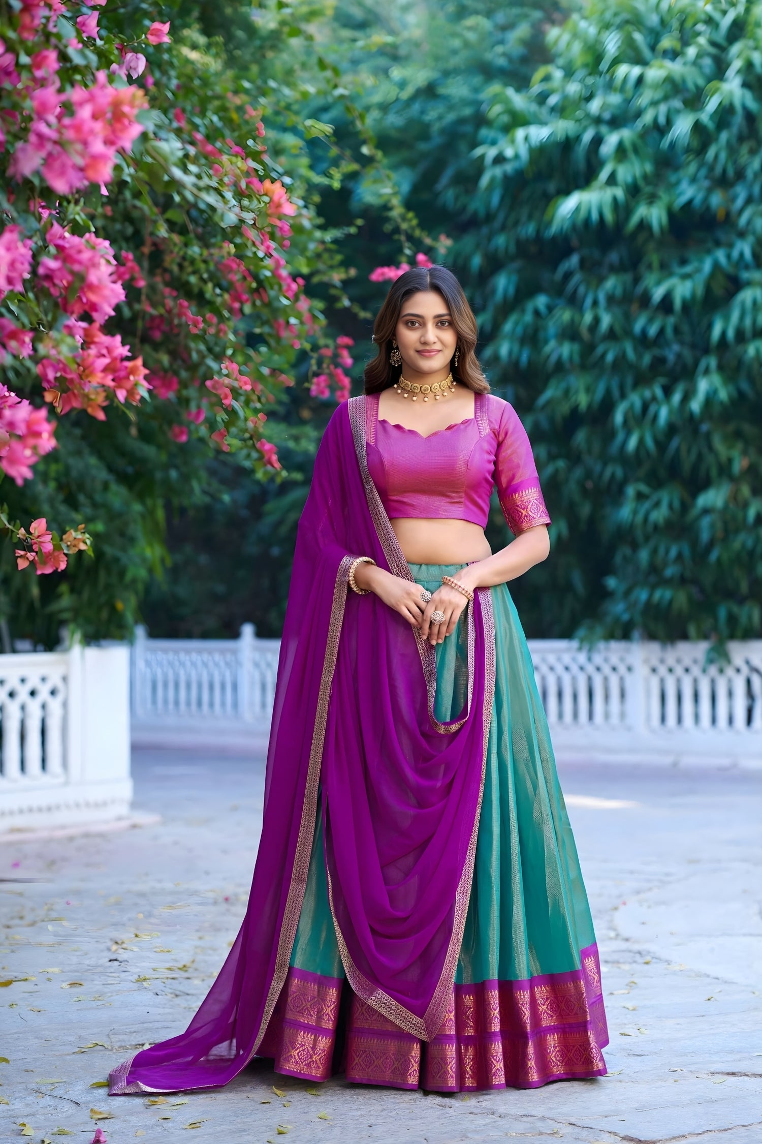 Purple and Blue Kanchipuram Silk Lehenga with Zari Weaving Work