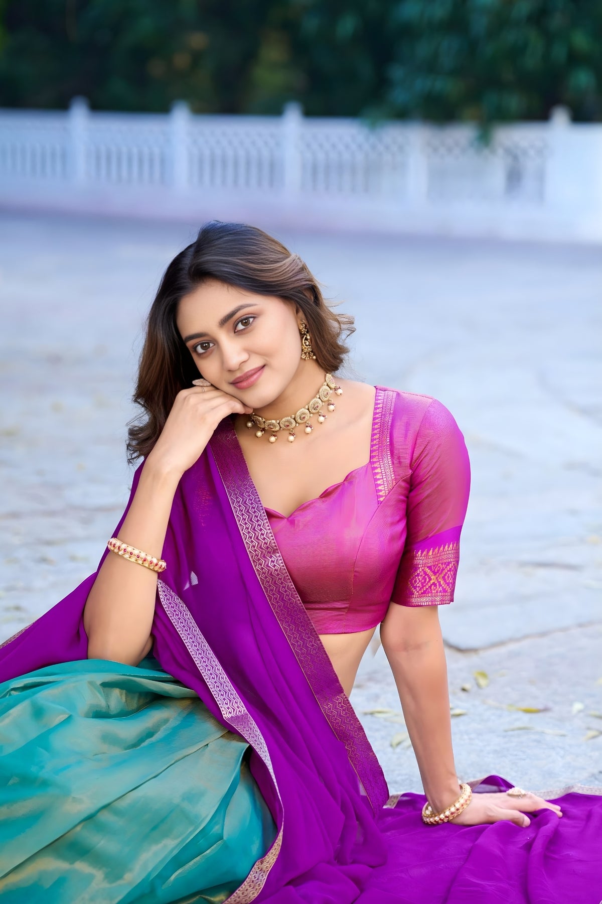 Purple and Blue Kanchipuram Silk Lehenga with Zari Weaving Work