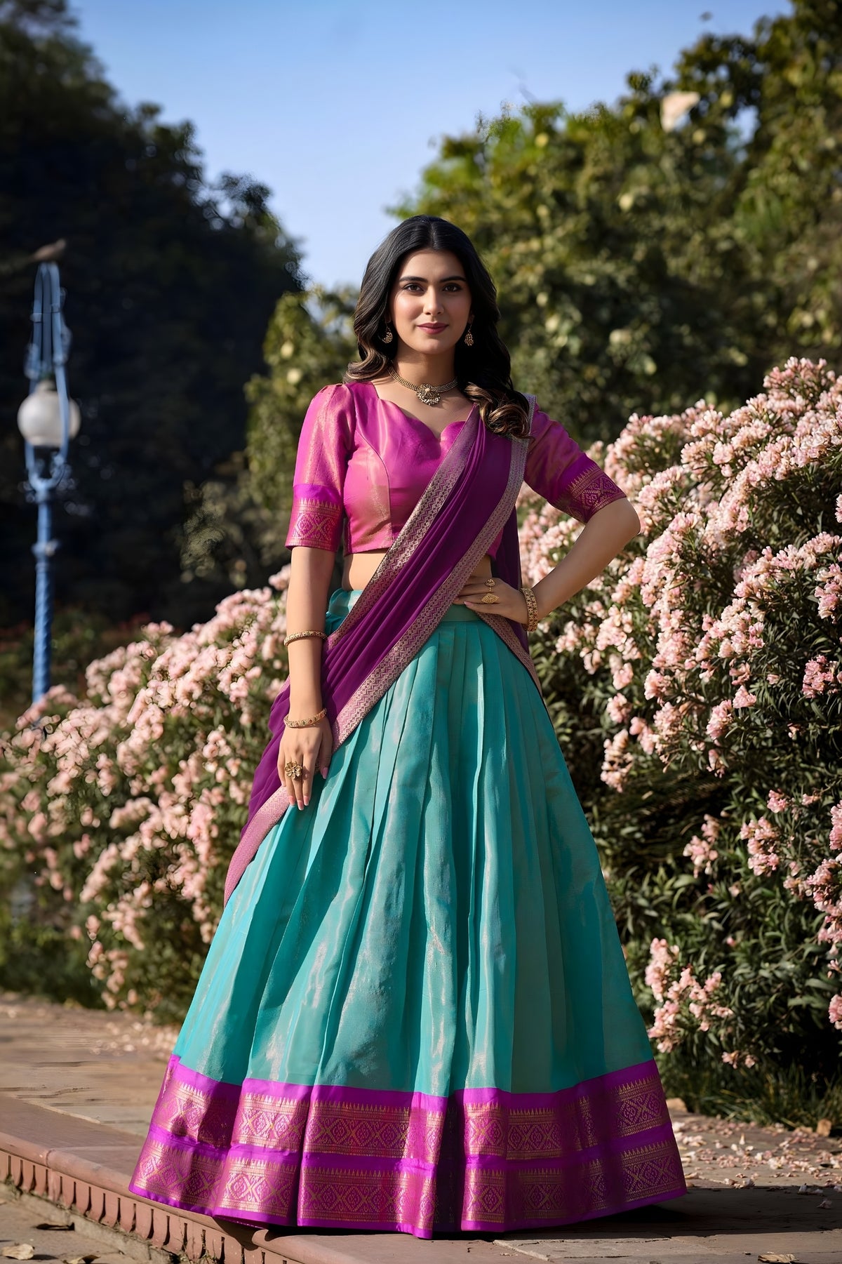 Purple and Blue Kanchipuram Silk Lehenga with Zari Weaving Work