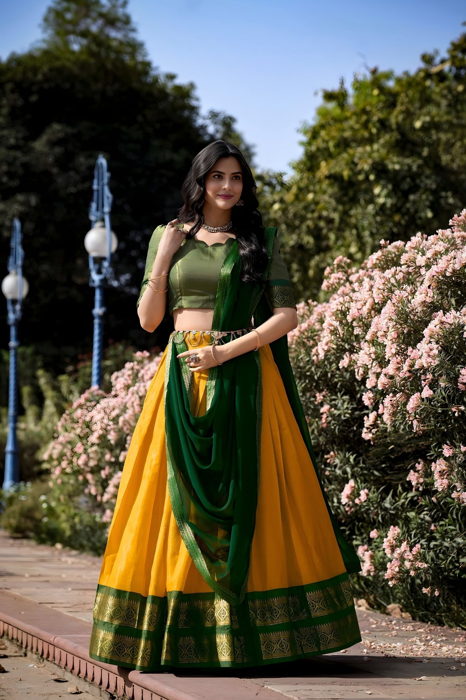 Dark Green and Yellow Kanchipuram Silk Lehenga with Zari Weaving Work
