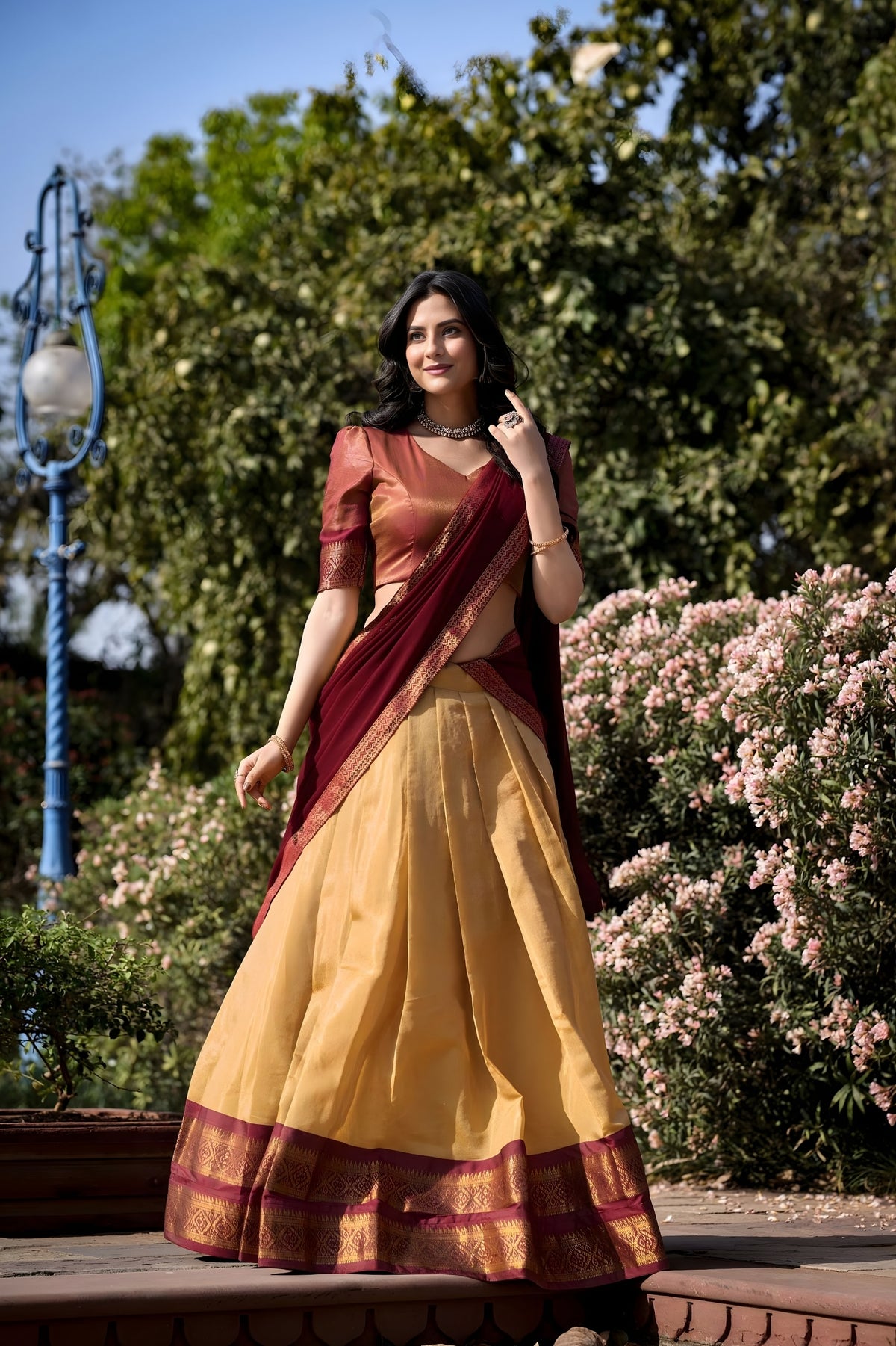 Maroon and Beige Kanchipuram Silk Lehenga with Zari Weaving Work