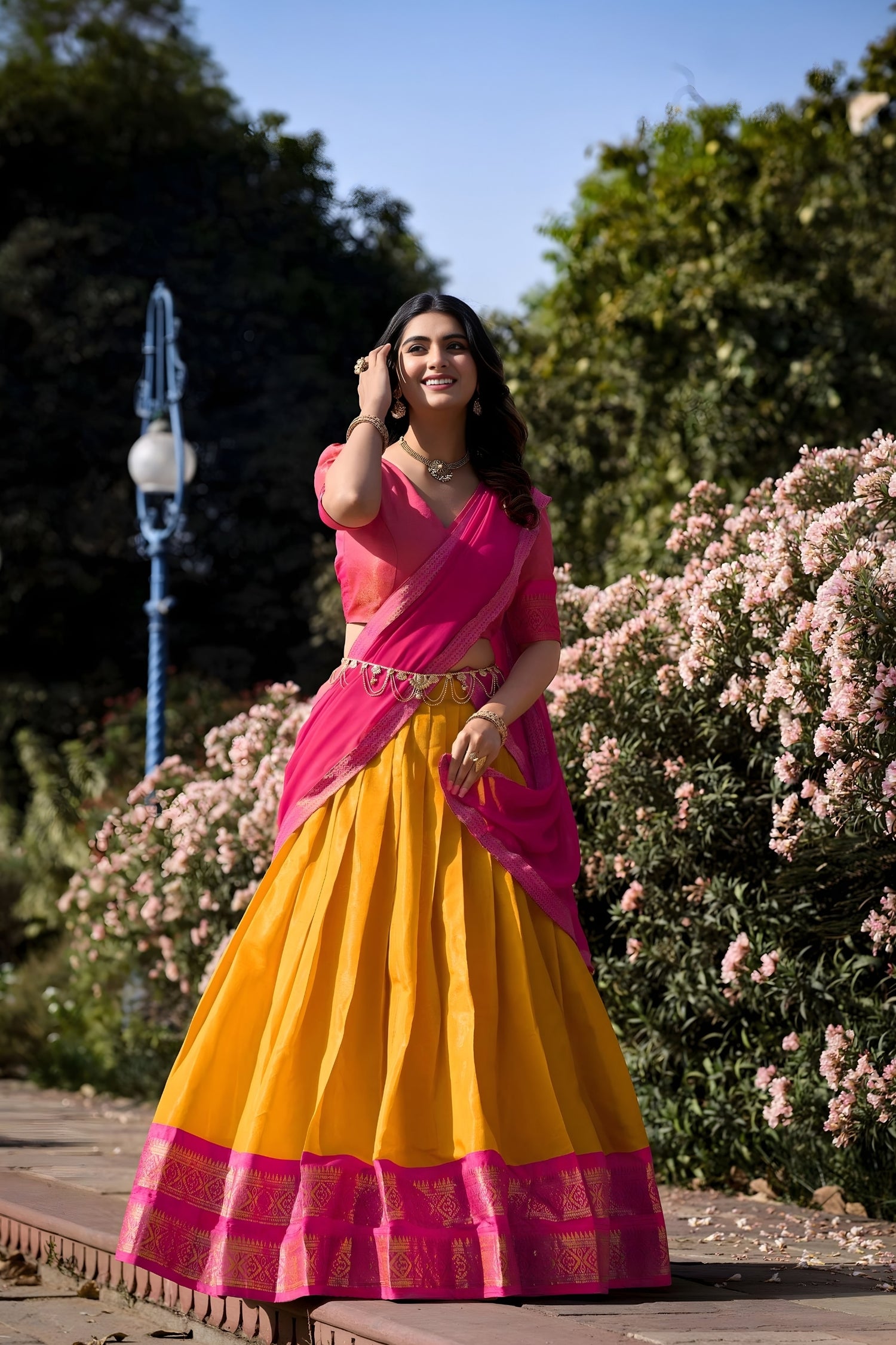 Pink with Yellow Kanchipuram Silk Lehenga with Zari Weaving Work