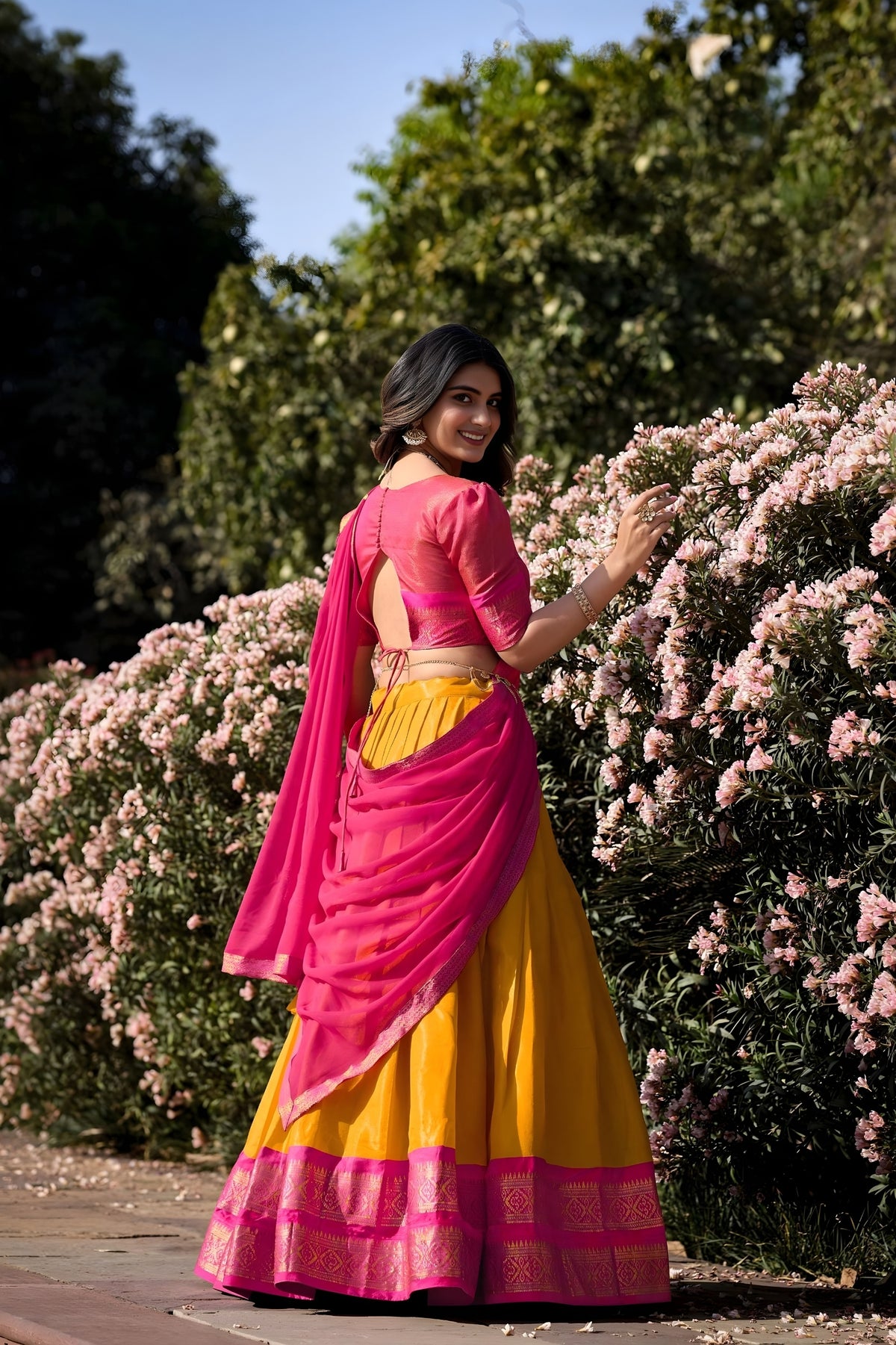 Pink with Yellow Kanchipuram Silk Lehenga with Zari Weaving Work