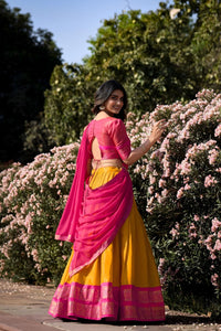 Pink with Yellow Kanchipuram Silk Lehenga with Zari Weaving Work