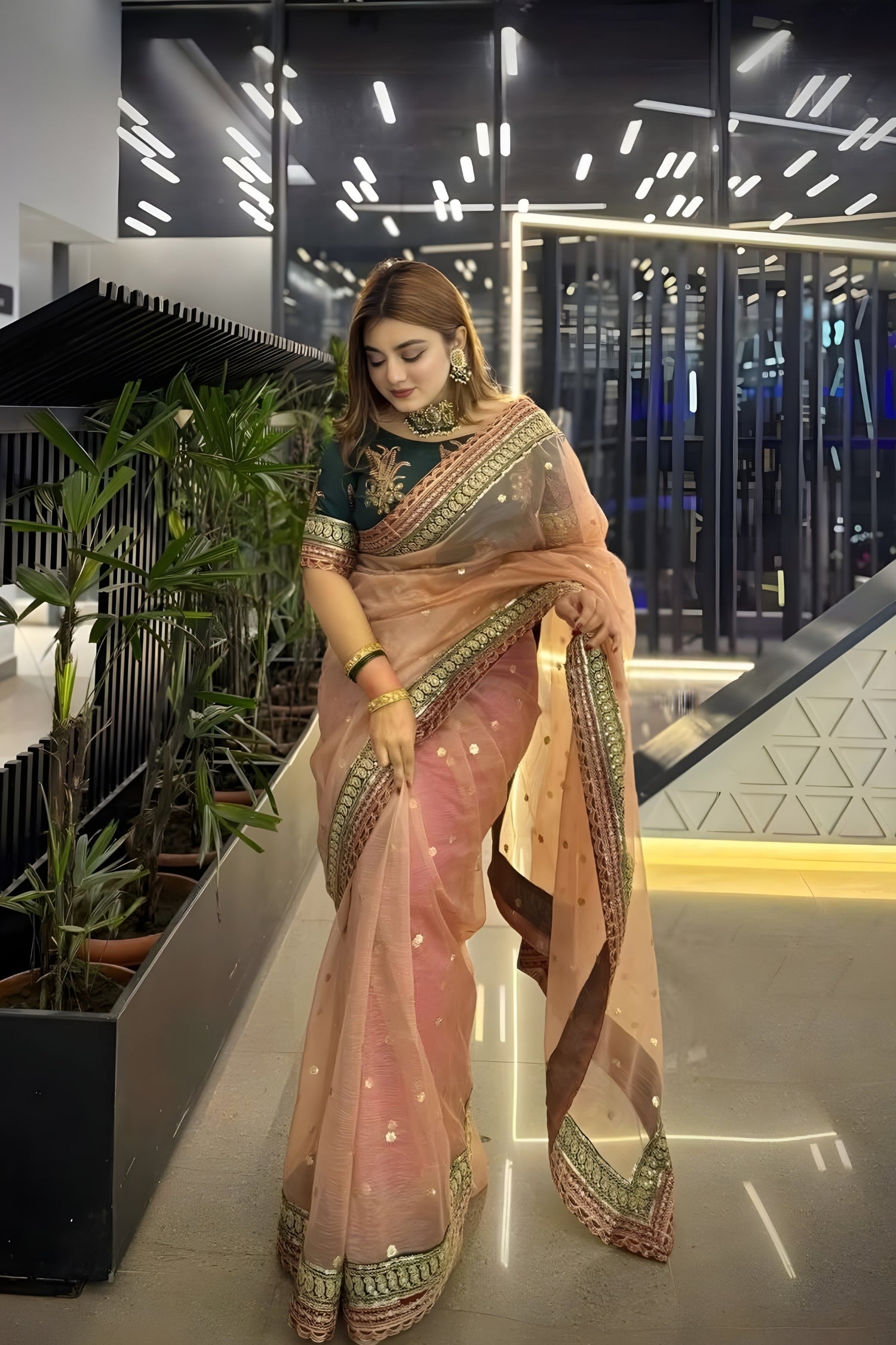 Pale Pink Banarasi Crush Sequence Work Saree with Blouse