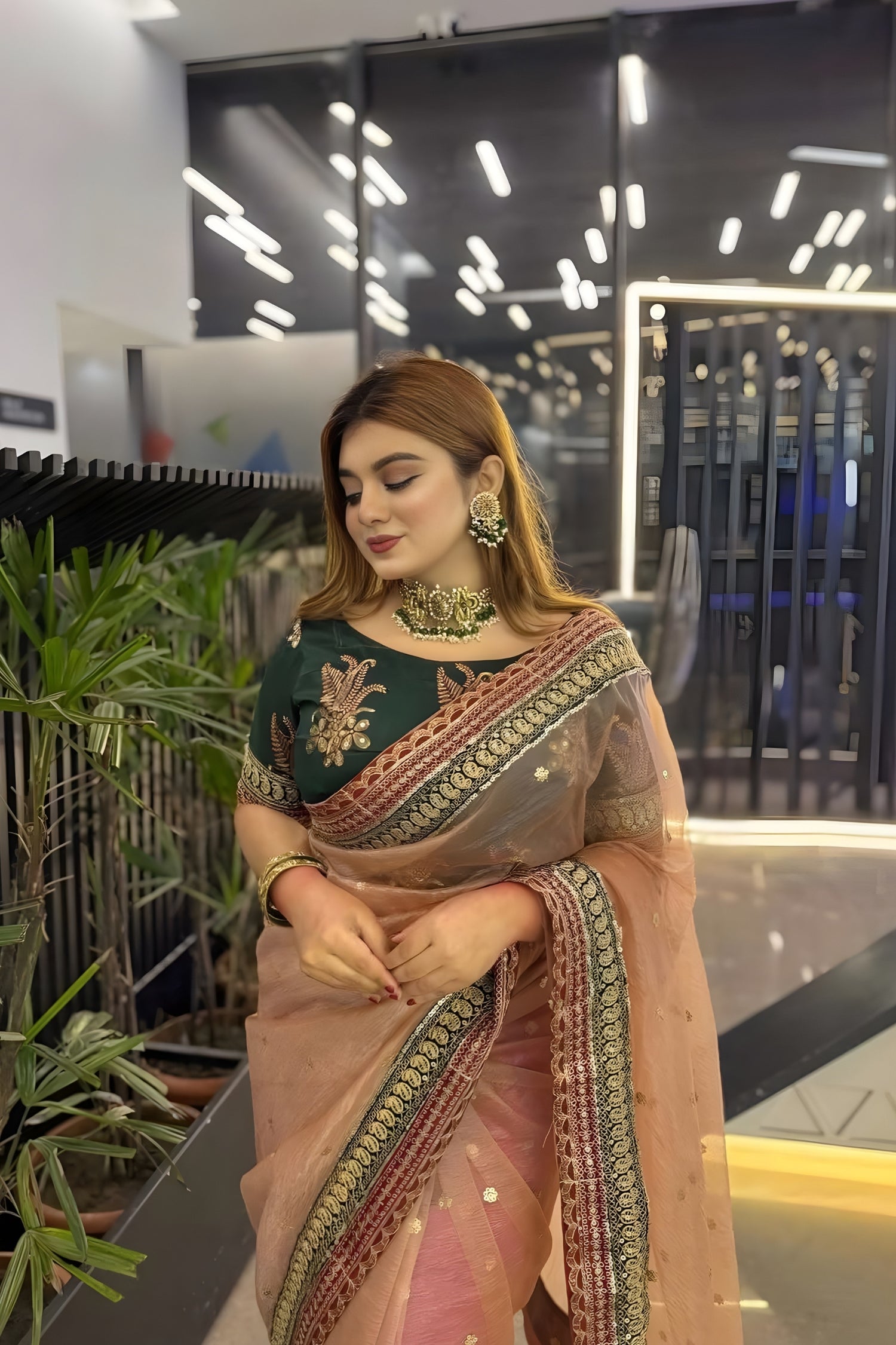 Pale Pink Banarasi Crush Sequence Work Saree with Blouse