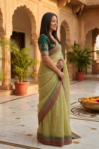 Green Banarasi Crush Sequence Work Saree with Blouse