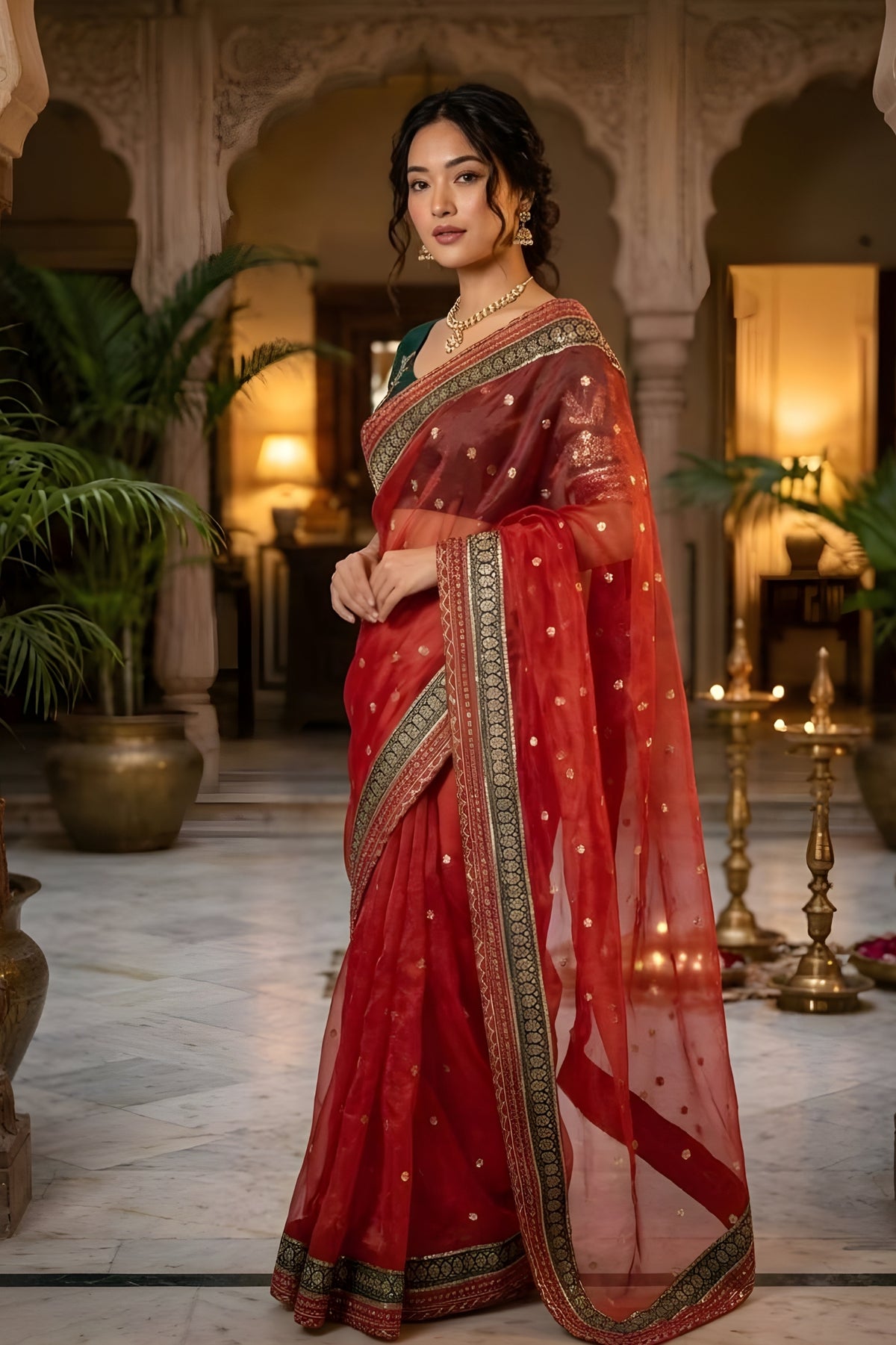 Red Banarasi Crush Sequence Work Saree with Blouse