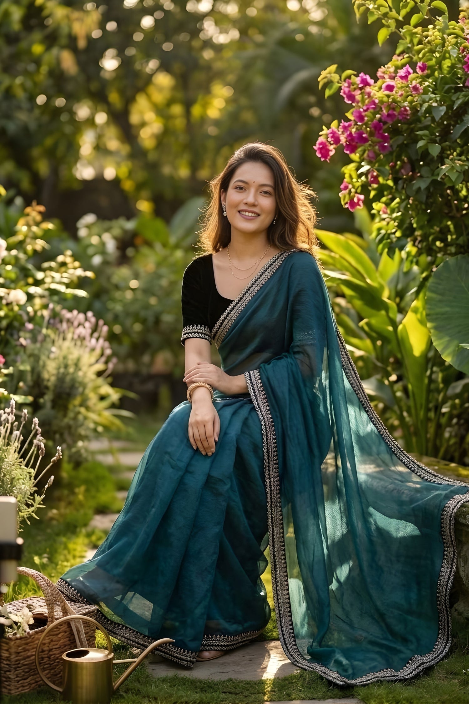Fashionable Soft Shining Saint Blue Net Saree with Sequence & Dori Work Lace Border