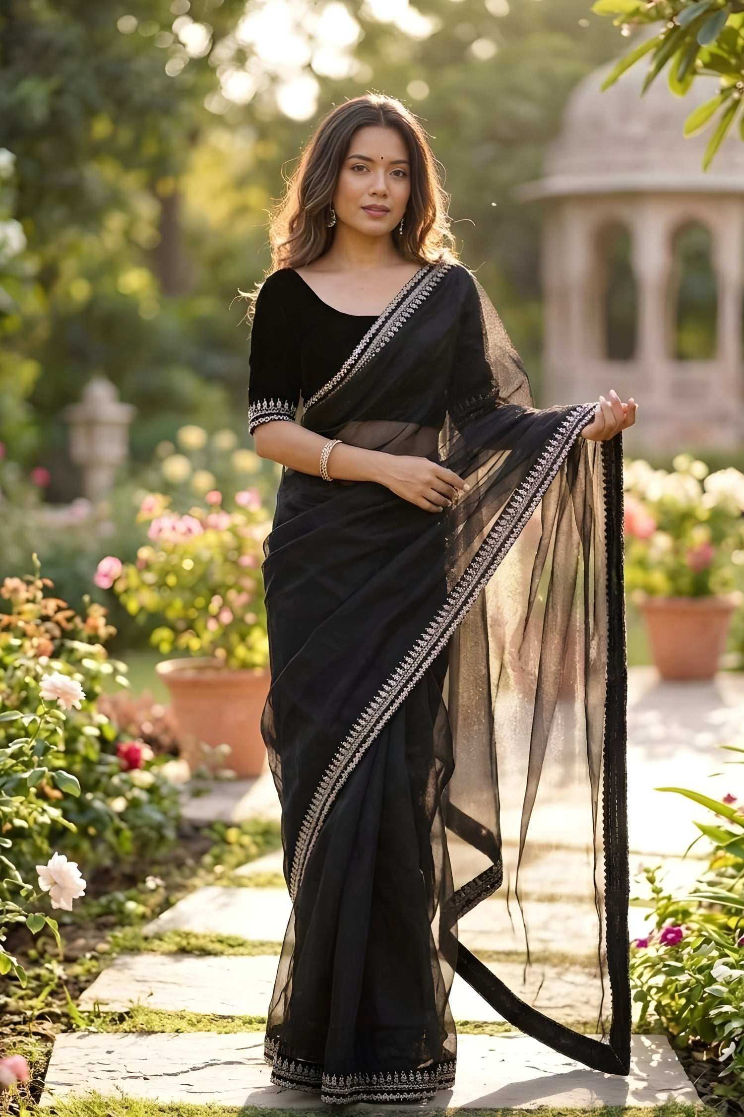 Black Soft Shining Net Saree with Sequence & Dori Work Lace Border