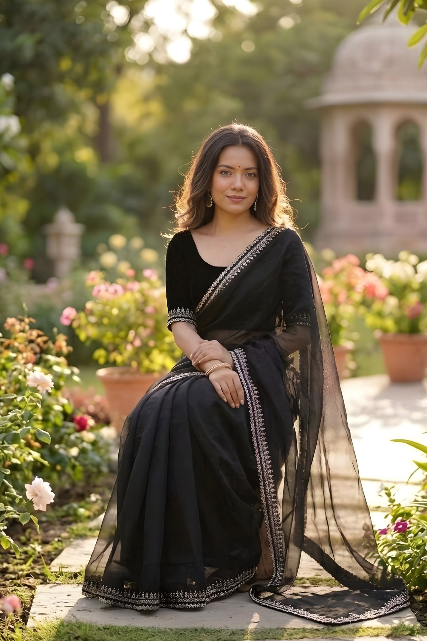 Black Soft Shining Net Saree with Sequence & Dori Work Lace Border
