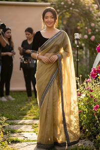 Light Yellow Soft Shining Net Saree with Sequence & Dori Work Lace Border