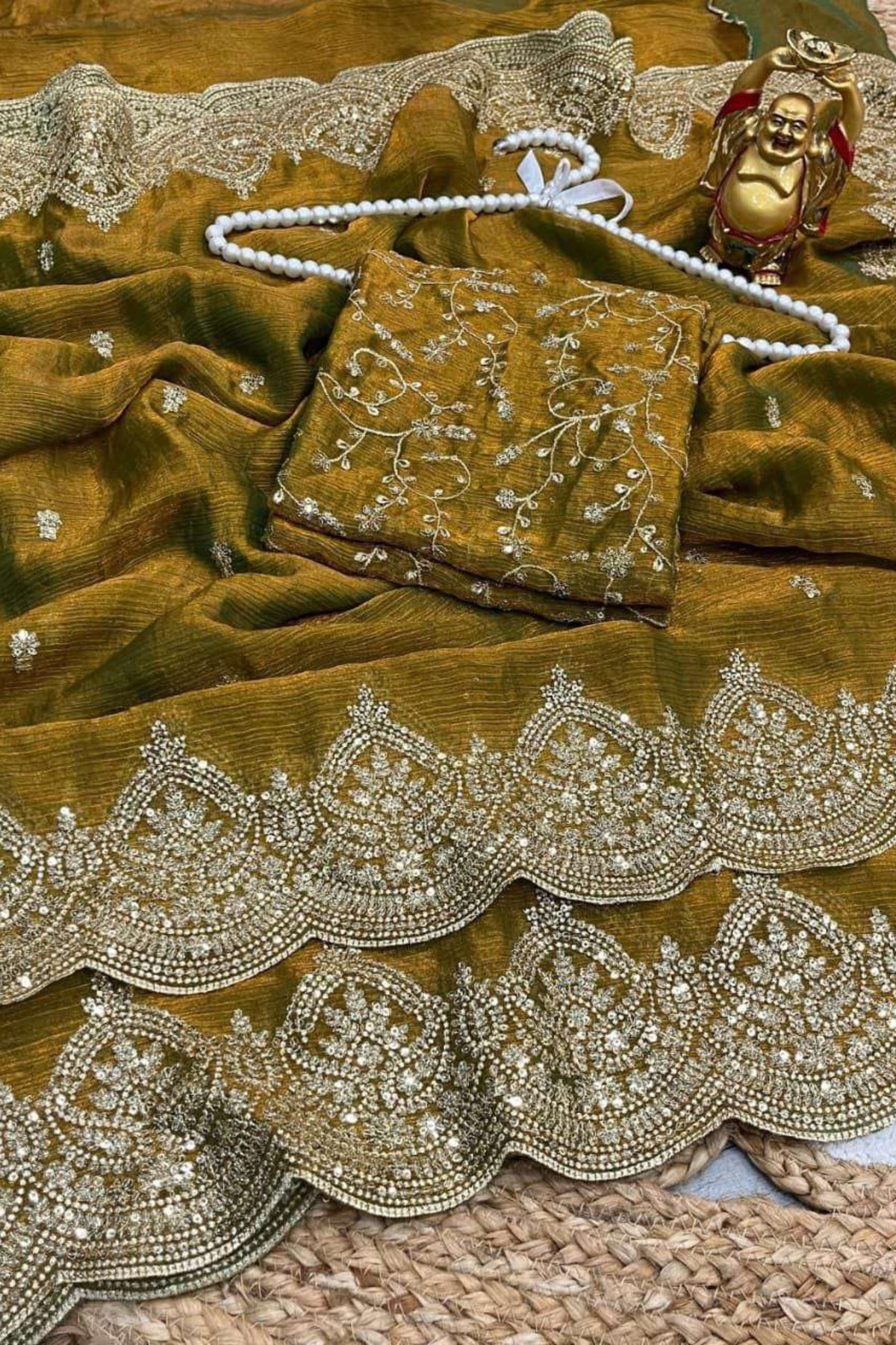 Golden Brown Fendy Chiffon Saree with Elegant Sequence Work