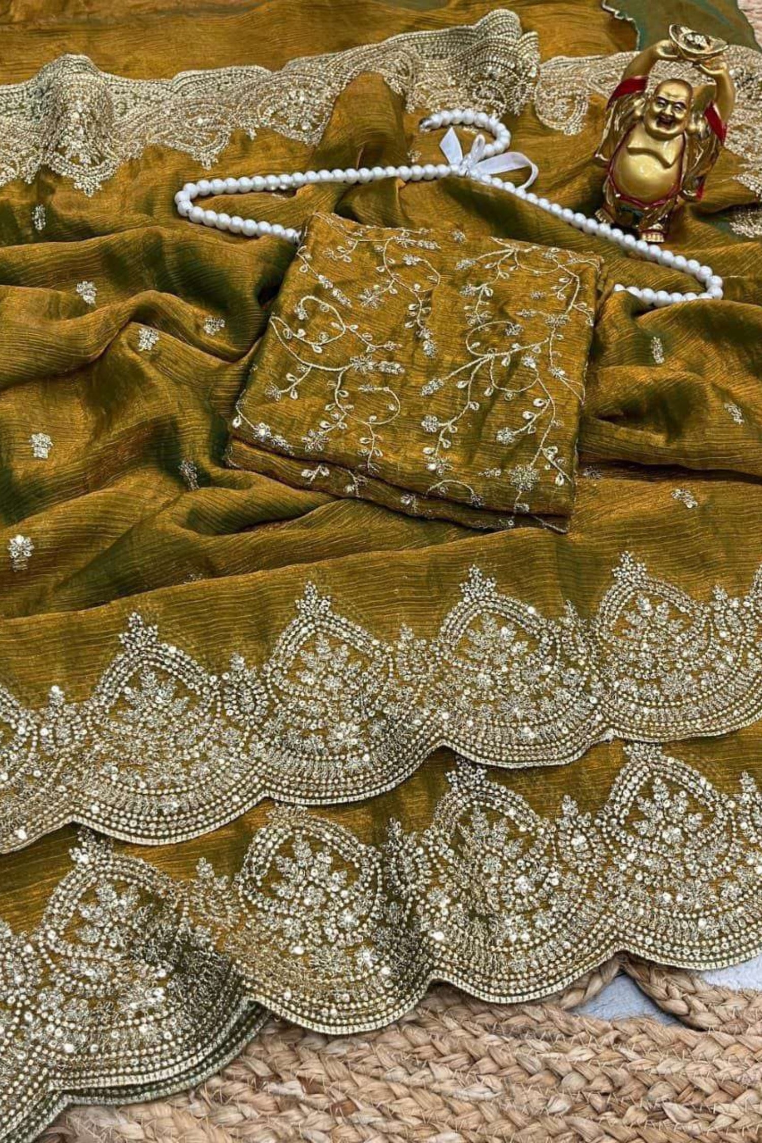 Golden Brown Fendy Chiffon Saree with Elegant Sequence Work