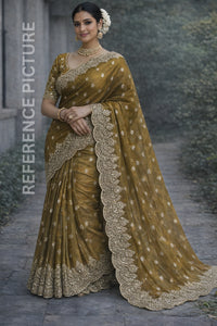 Golden Brown Fendy Chiffon Saree with Elegant Sequence Work