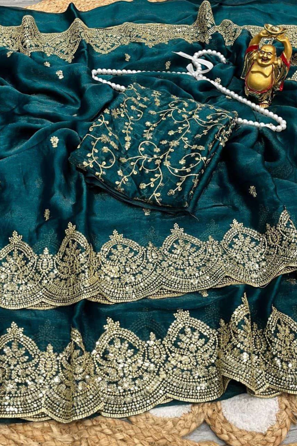 Midnight Green Fendy Chiffon Saree with Elegant Sequence Work