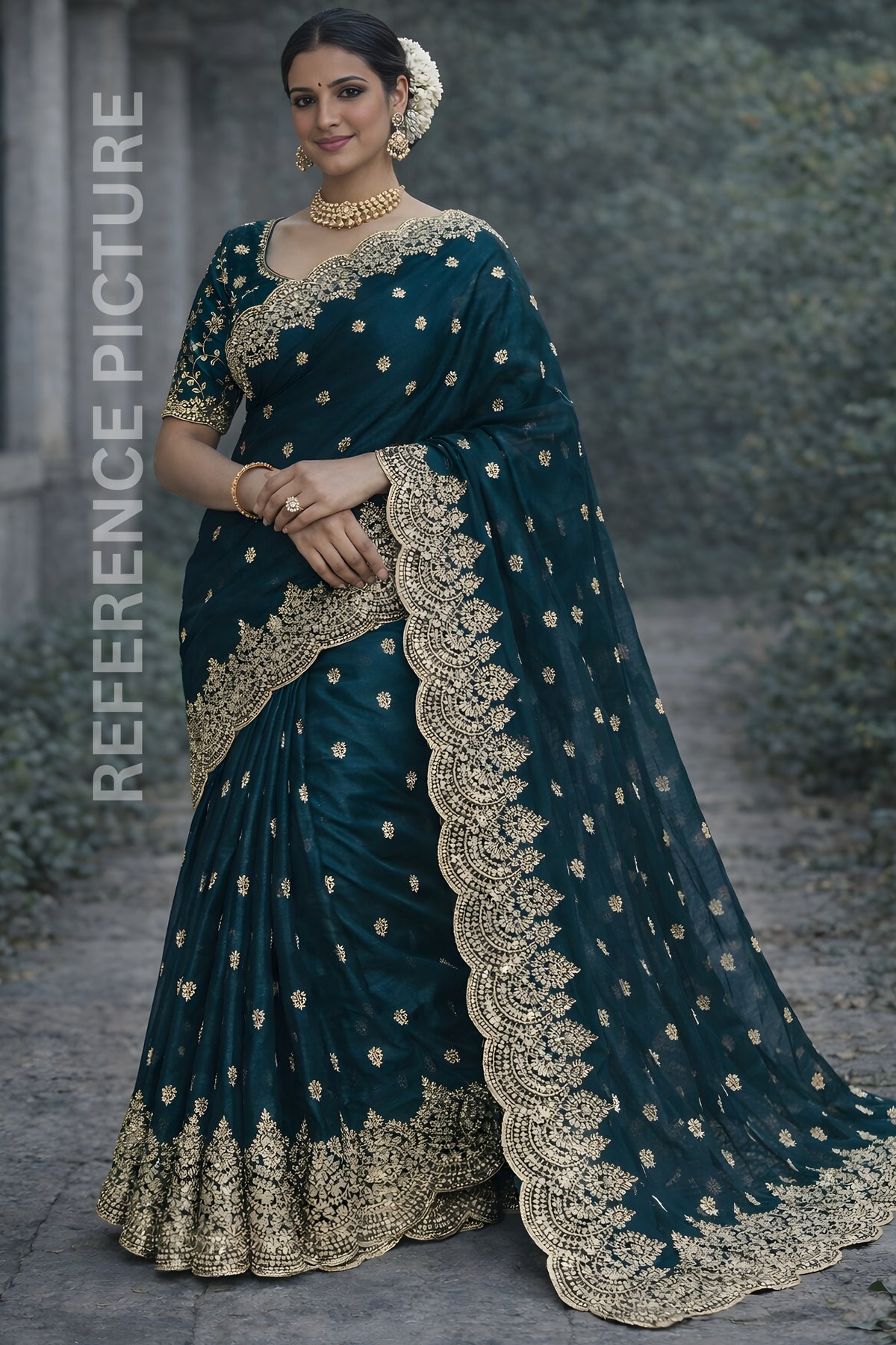 Midnight Green Fendy Chiffon Saree with Elegant Sequence Work