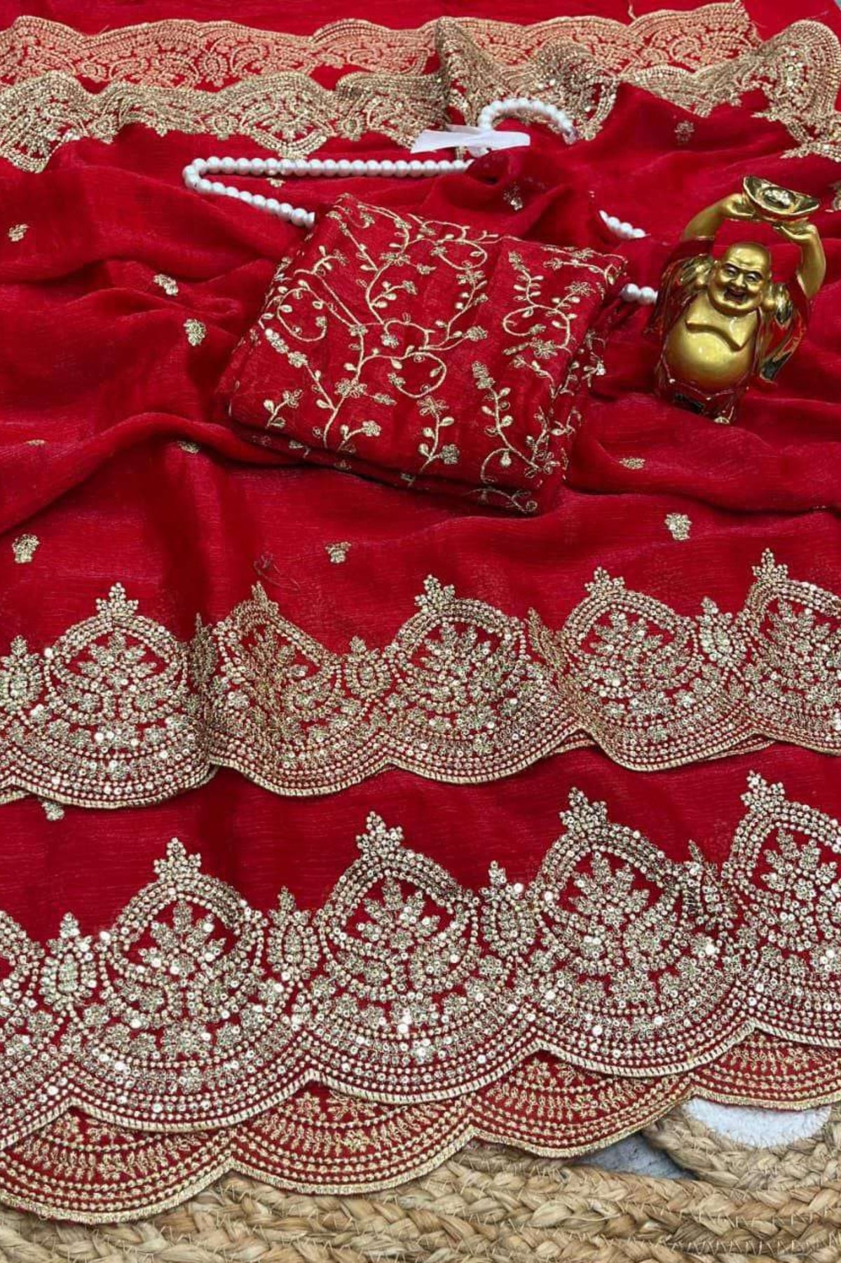 Red Fendy Chiffon Saree with Elegant Sequence Work