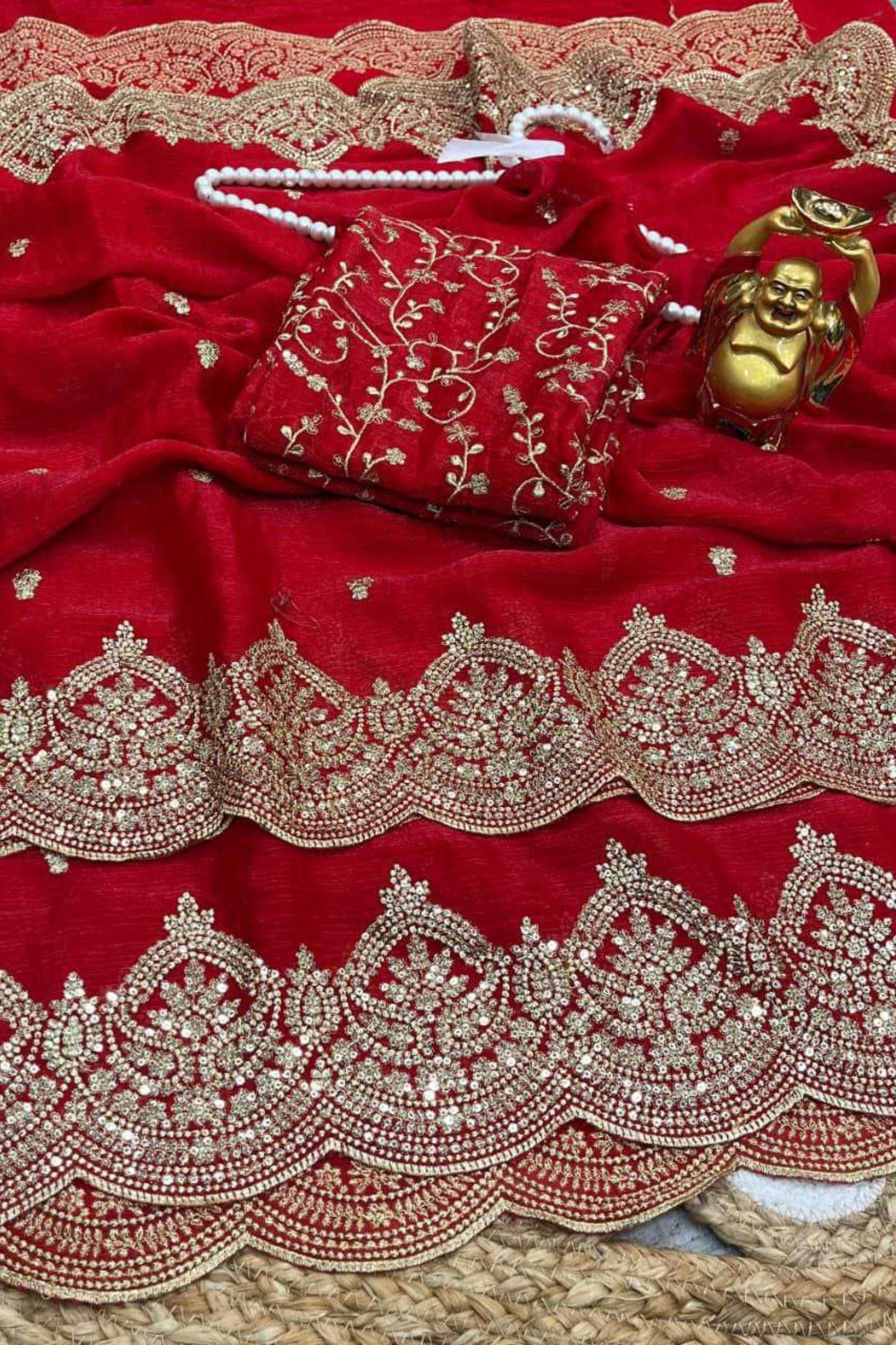 Red Fendy Chiffon Saree with Elegant Sequence Work