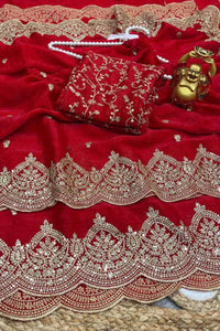 Red Fendy Chiffon Saree with Elegant Sequence Work