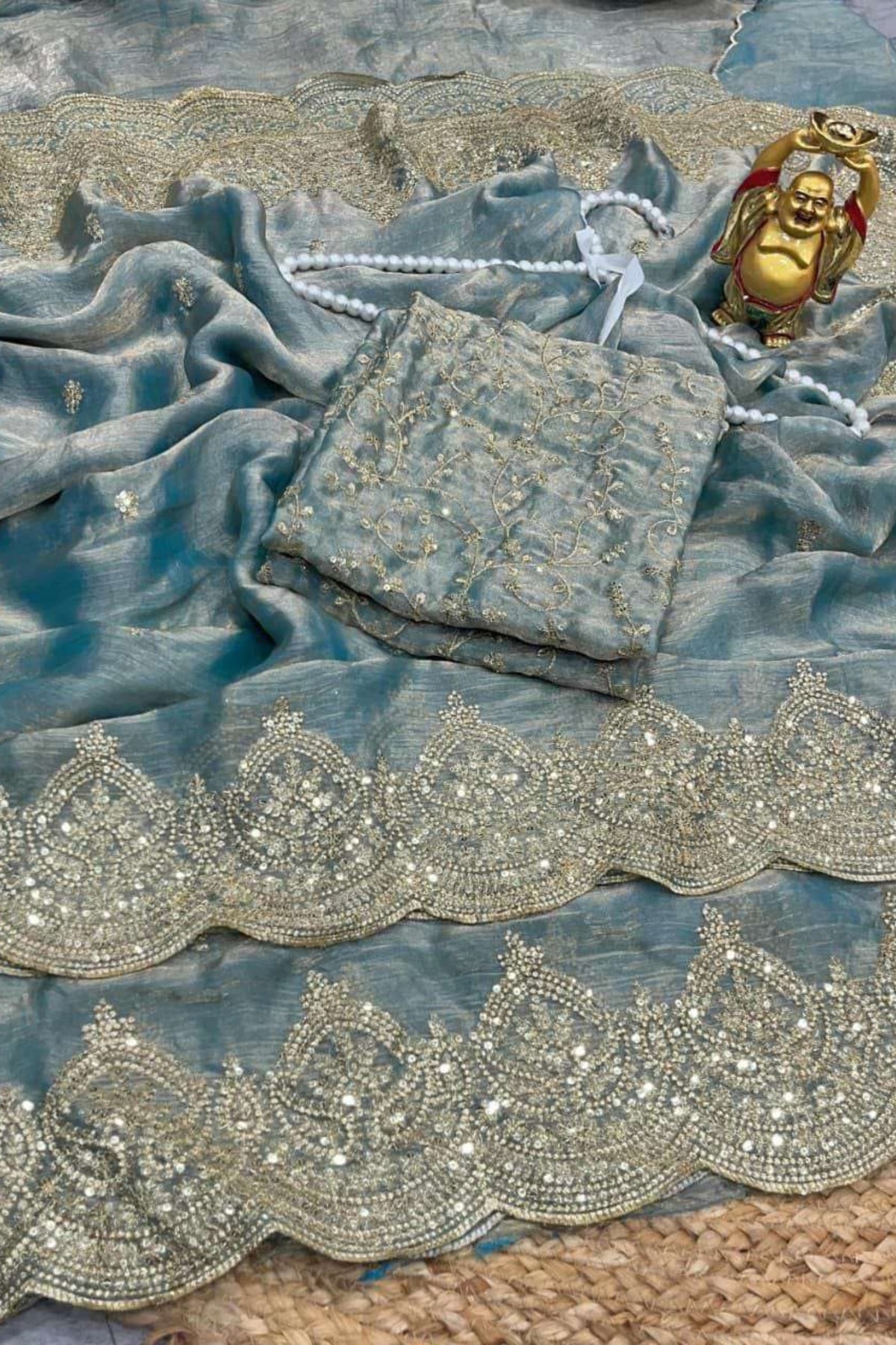 Trolley Grey Fendy Chiffon Saree with Elegant Sequence Work