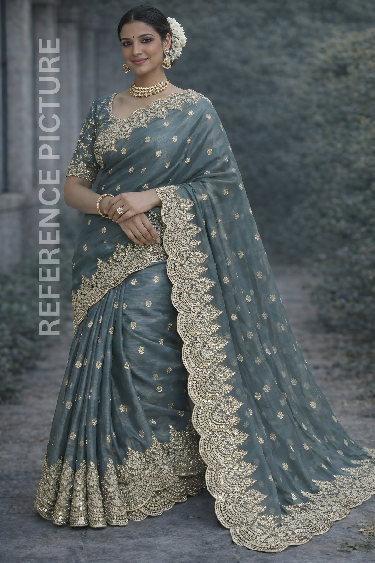 Trolley Grey Fendy Chiffon Saree with Elegant Sequence Work
