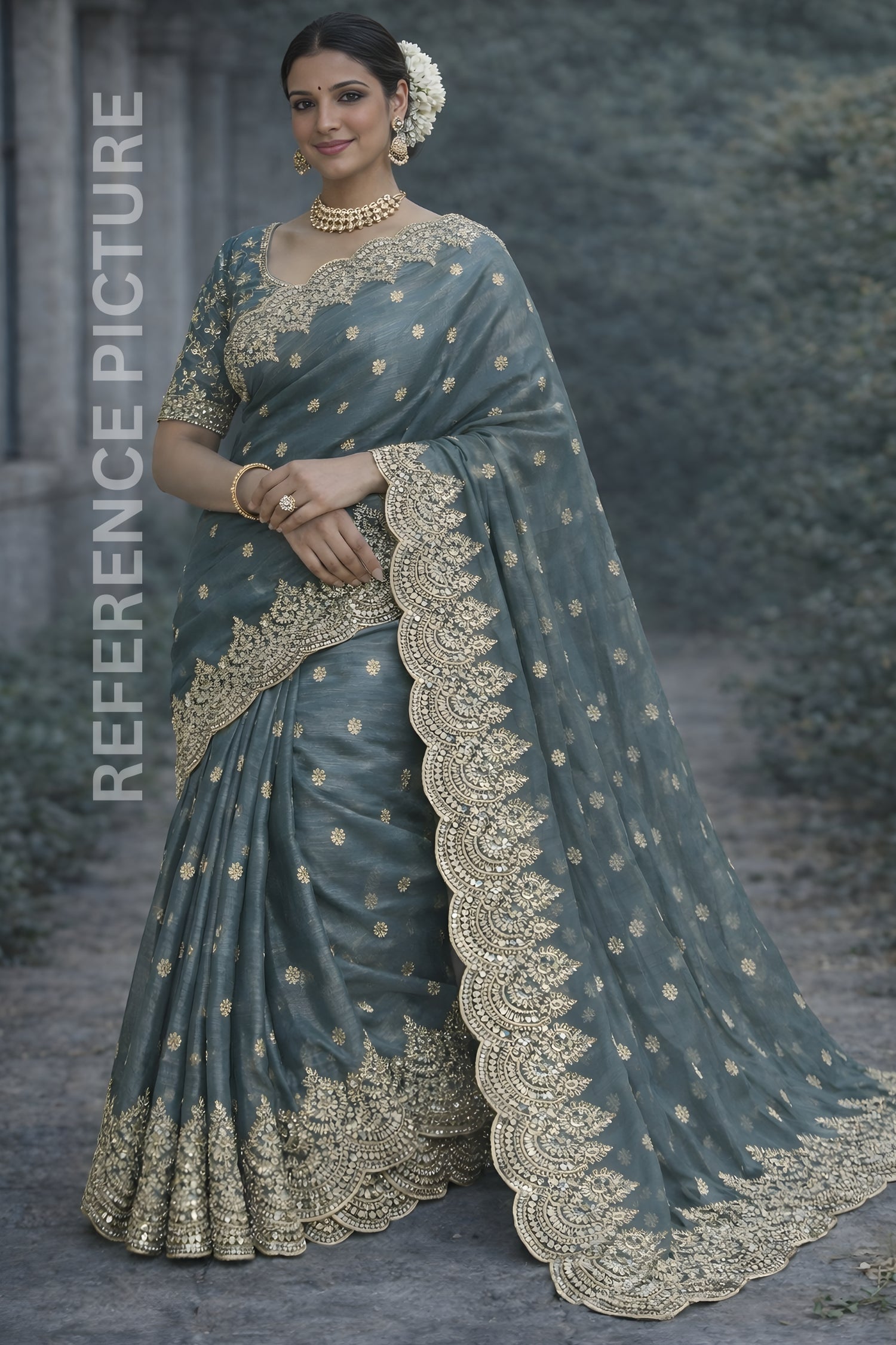Trolley Grey Fendy Chiffon Saree with Elegant Sequence Work