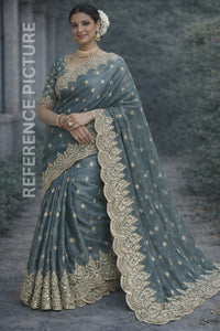Trolley Grey Fendy Chiffon Saree with Elegant Sequence Work