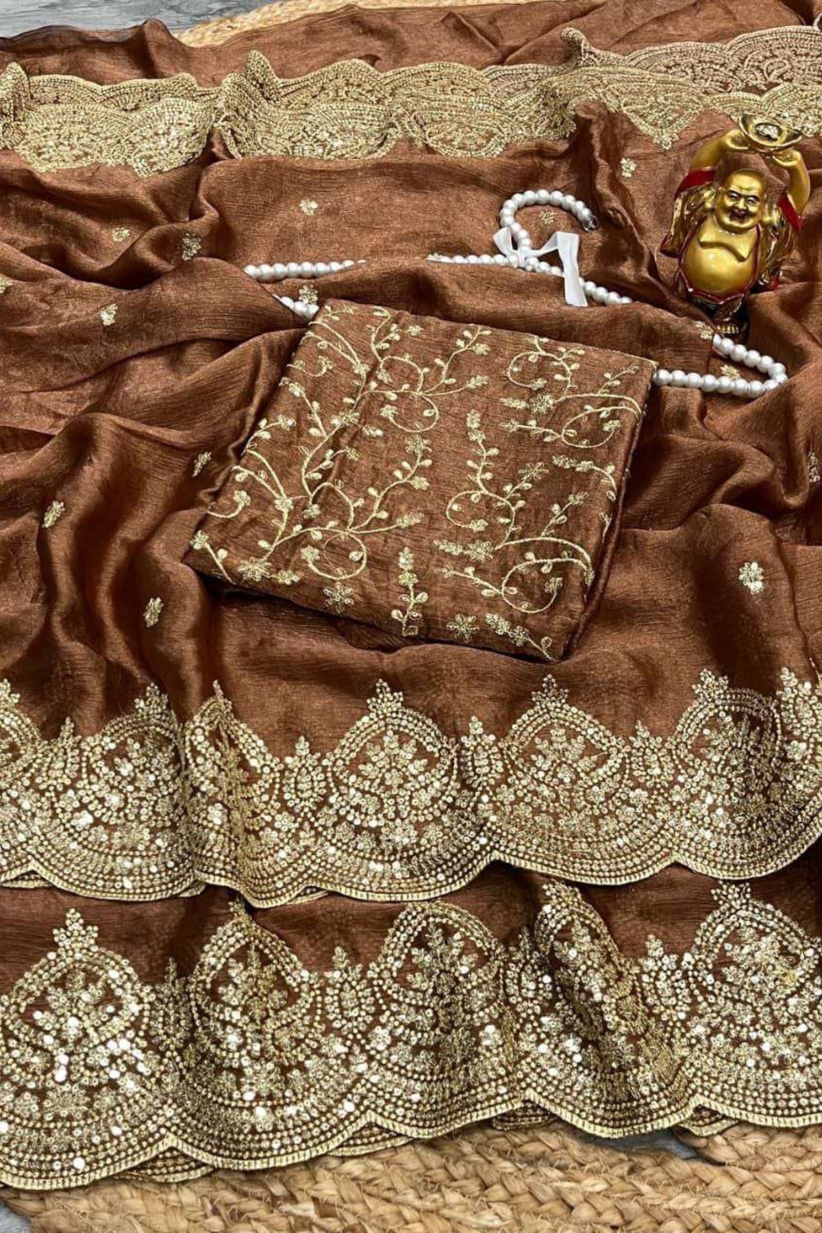 Dark Brown Fendy Chiffon Saree with Elegant Sequence Work