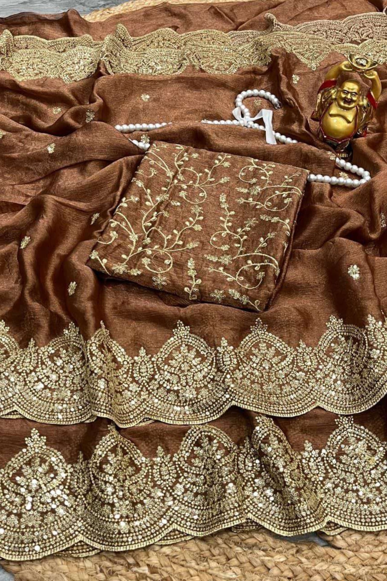 Dark Brown Fendy Chiffon Saree with Elegant Sequence Work