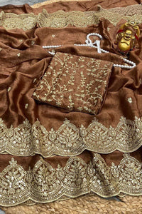 Dark Brown Fendy Chiffon Saree with Elegant Sequence Work