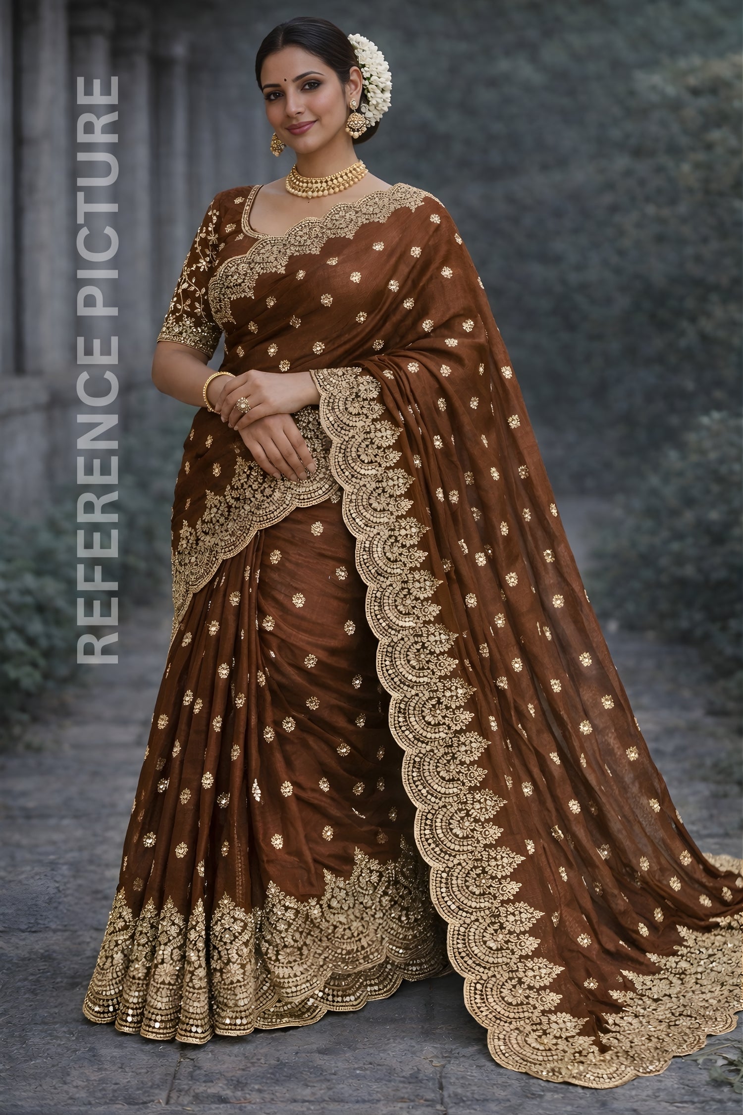 Dark Brown Fendy Chiffon Saree with Elegant Sequence Work